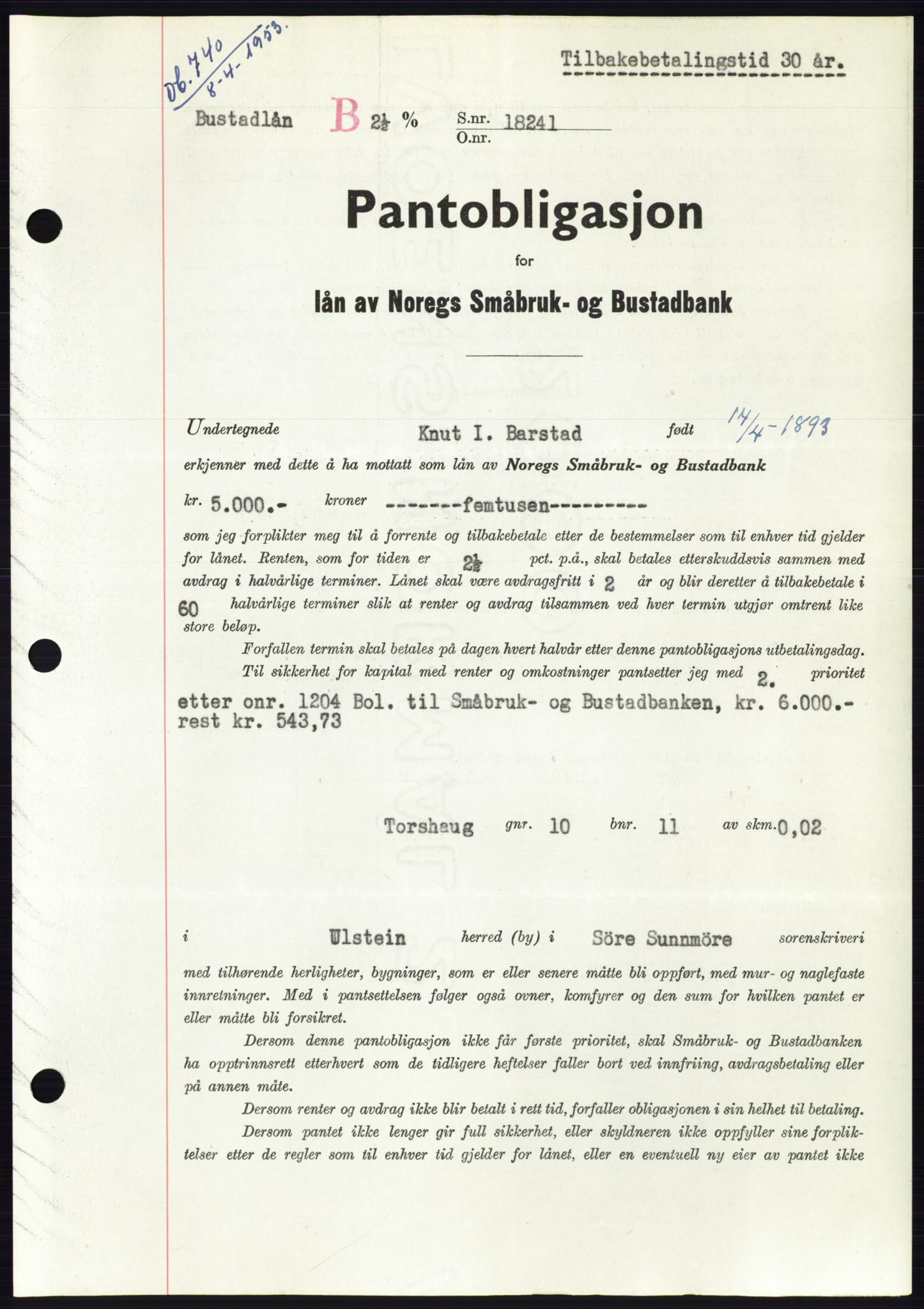Søre Sunnmøre sorenskriveri, SAT/A-4122/1/2/2C/L0123: Pantebok nr. 11B, 1953-1953, Dagboknr: 740/1953