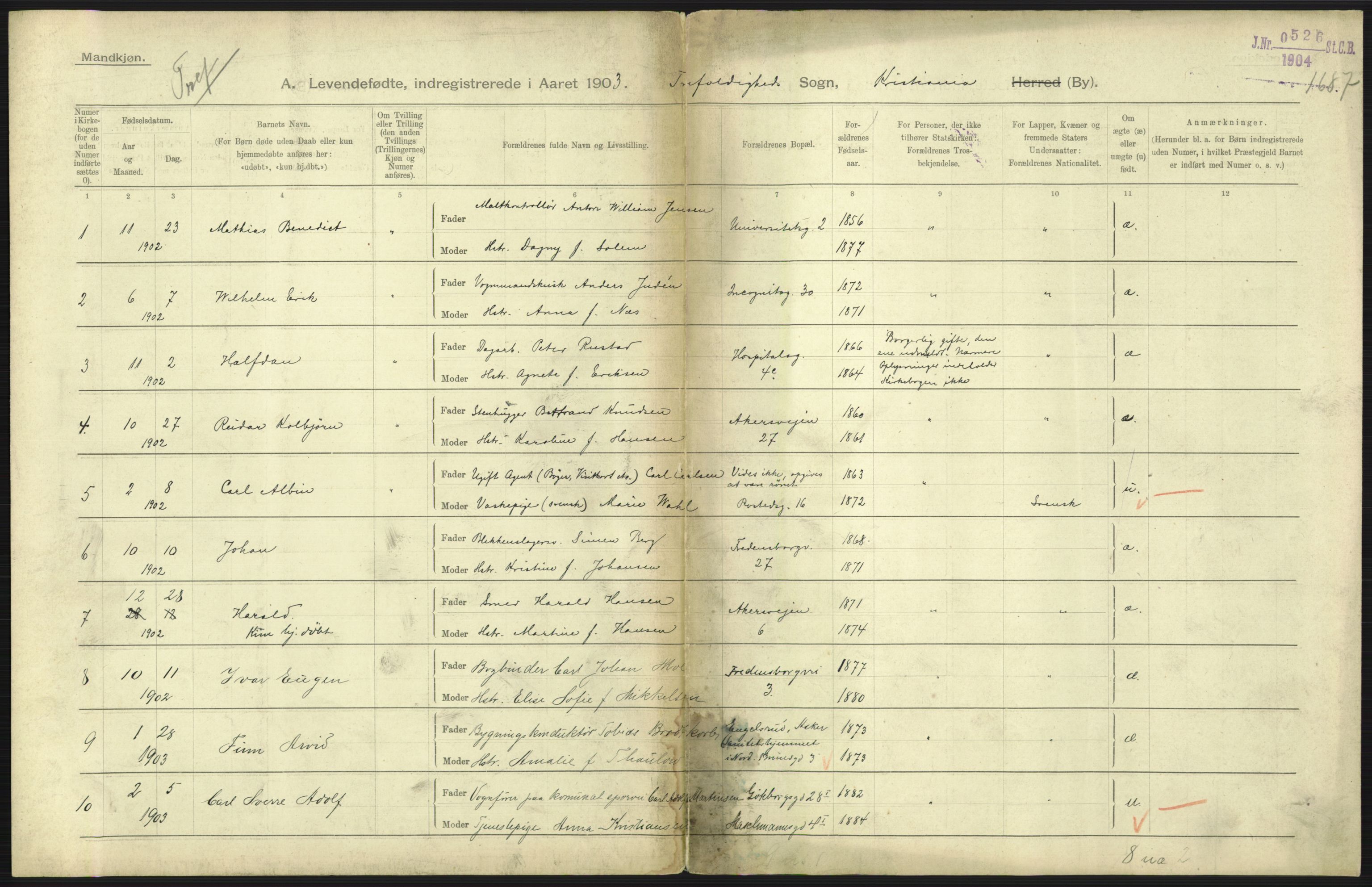 Statistisk sentralbyrå, Sosiodemografiske emner, Befolkning, AV/RA-S-2228/D/Df/Dfa/Dfaa/L0003: Kristiania: Fødte, 1903, s. 221