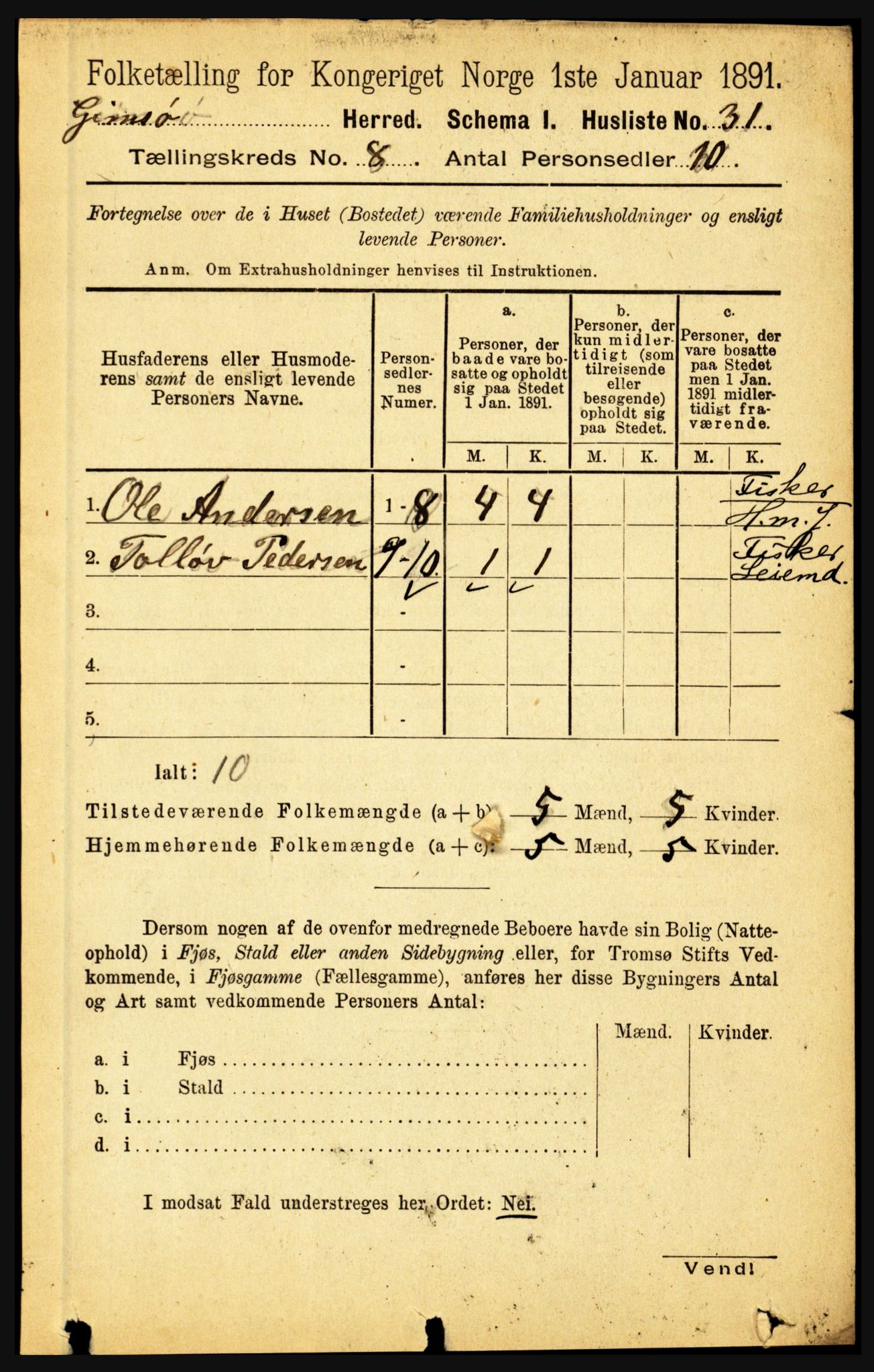 RA, Folketelling 1891 for 1864 Gimsøy herred, 1891, s. 1409