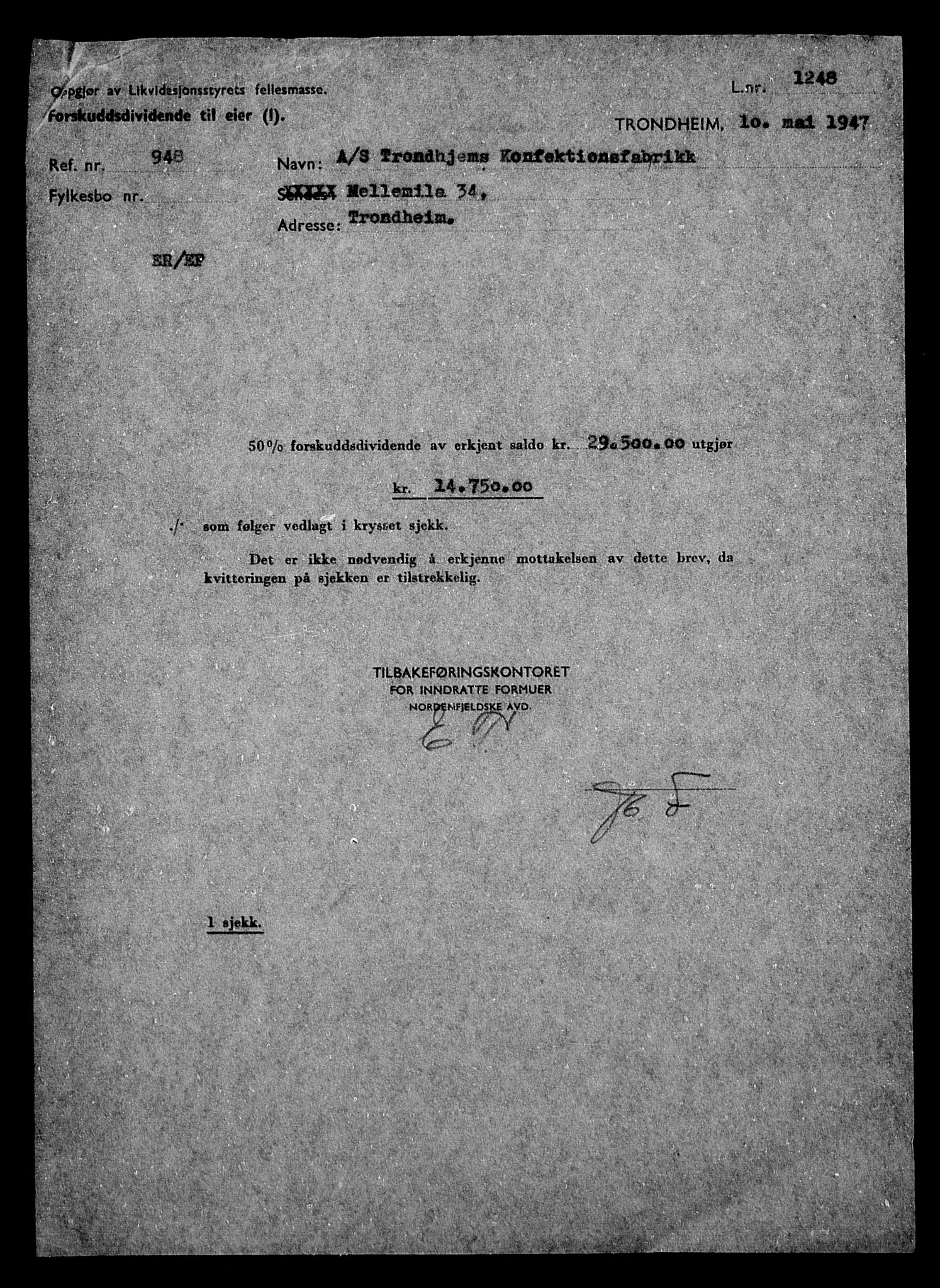 Justisdepartementet, Tilbakeføringskontoret for inndratte formuer, AV/RA-S-1564/H/Hc/Hca/L0909: --, 1945-1947, s. 9