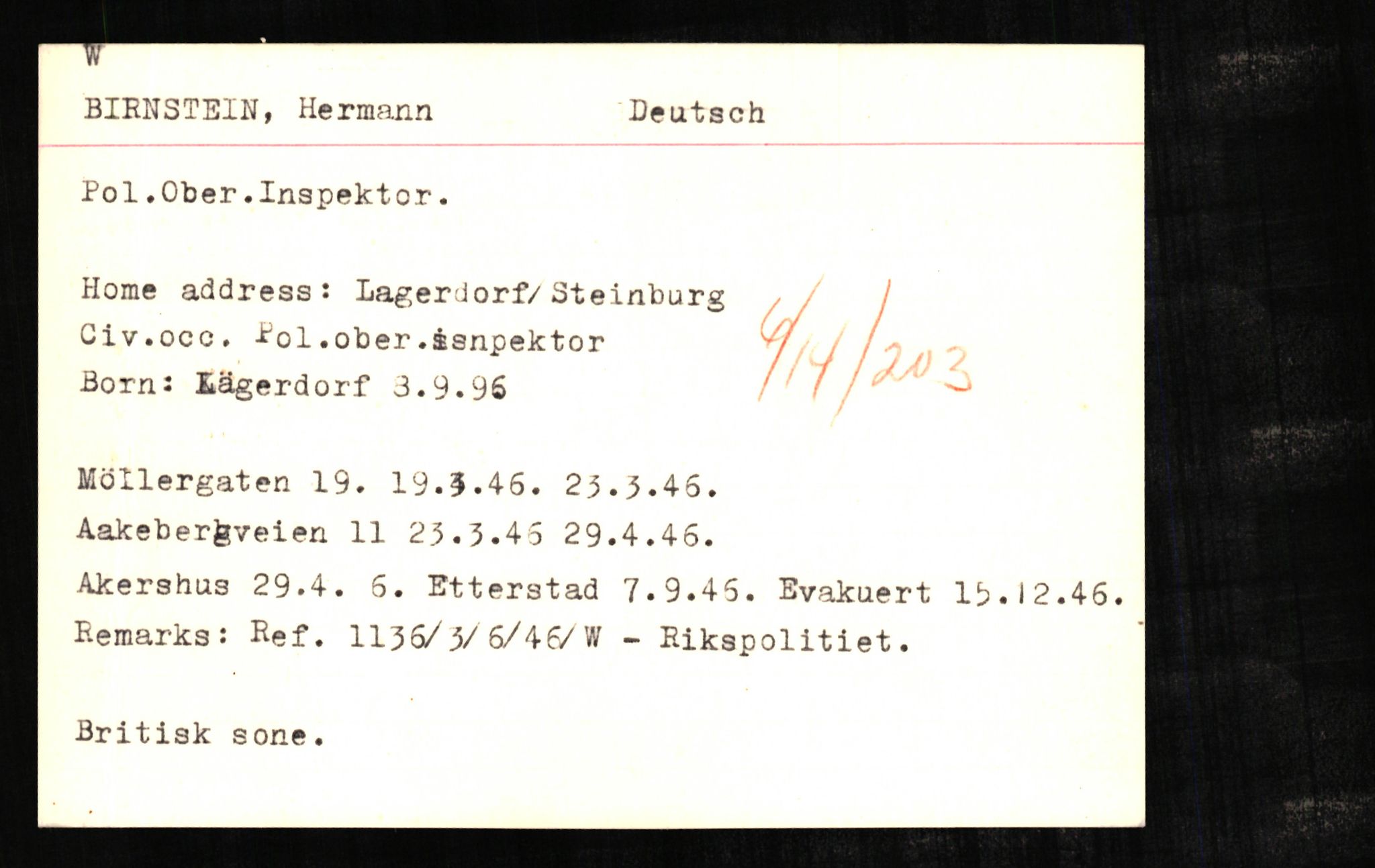 Forsvaret, Forsvarets overkommando II, RA/RAFA-3915/D/Db/L0003: CI Questionaires. Tyske okkupasjonsstyrker i Norge. Tyskere., 1945-1946, s. 179