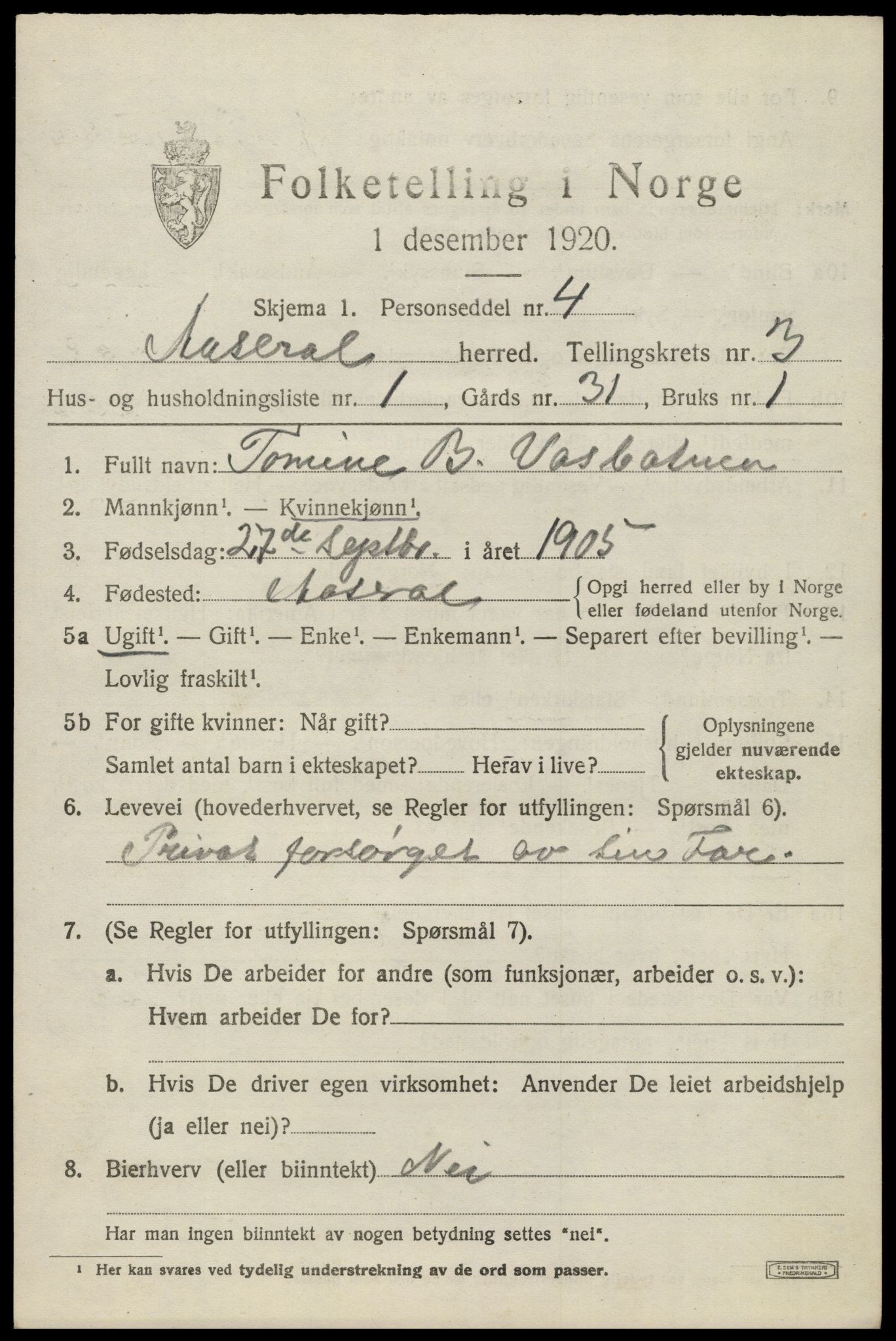 SAK, Folketelling 1920 for 1026 Åseral herred, 1920, s. 1002