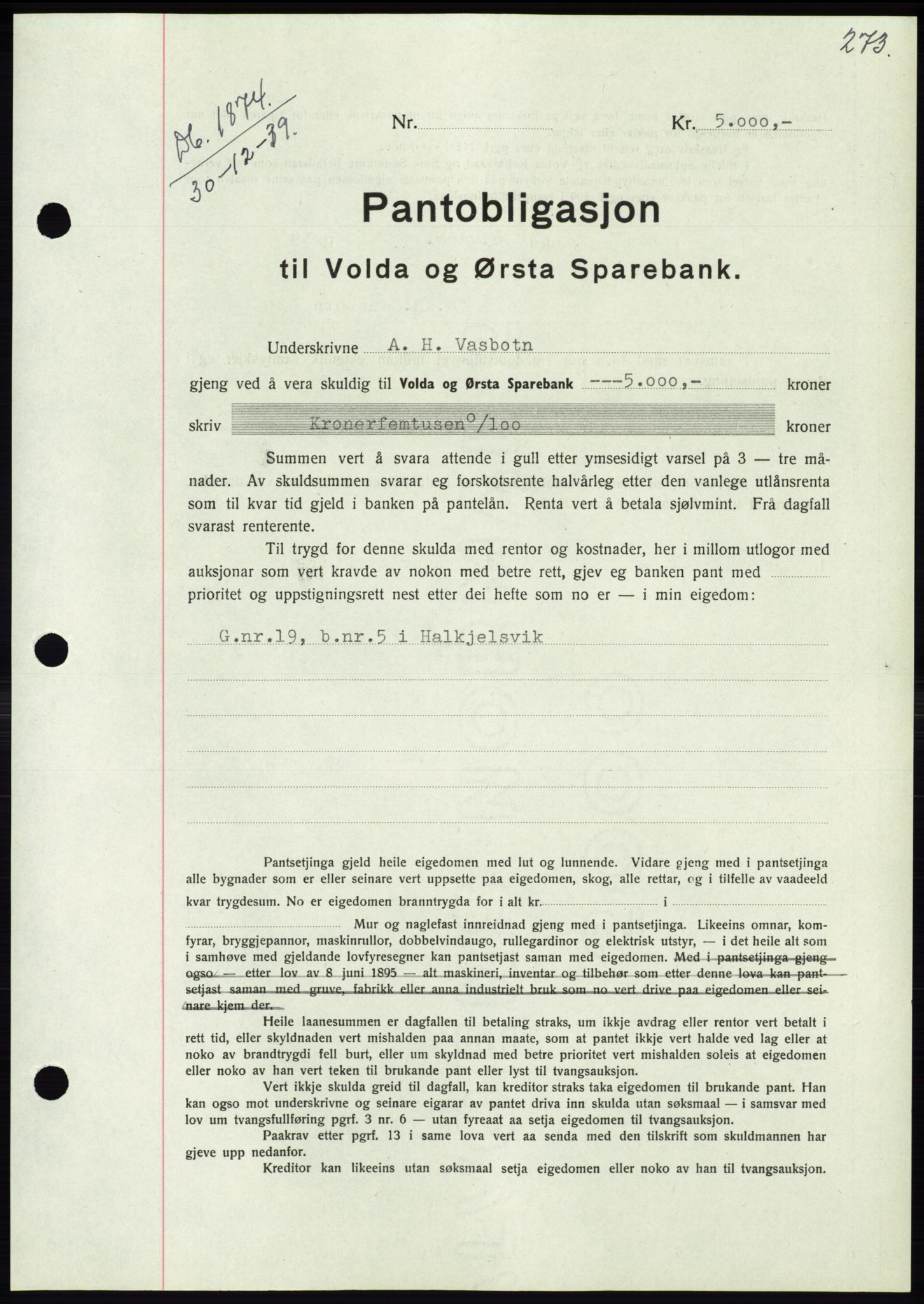 Søre Sunnmøre sorenskriveri, SAT/A-4122/1/2/2C/L0069: Pantebok nr. 63, 1939-1940, Dagboknr: 1874/1939