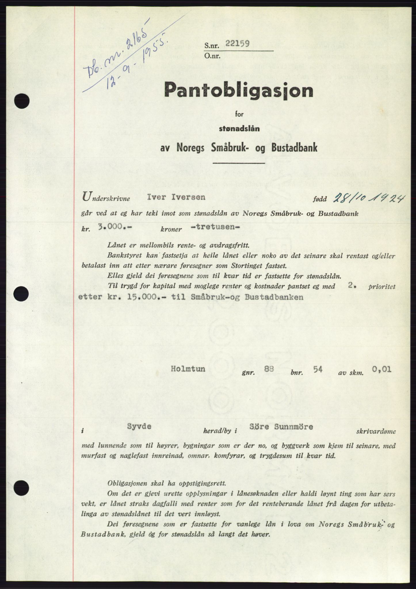 Søre Sunnmøre sorenskriveri, SAT/A-4122/1/2/2C/L0127: Pantebok nr. 15B, 1955-1955, Dagboknr: 2165/1955