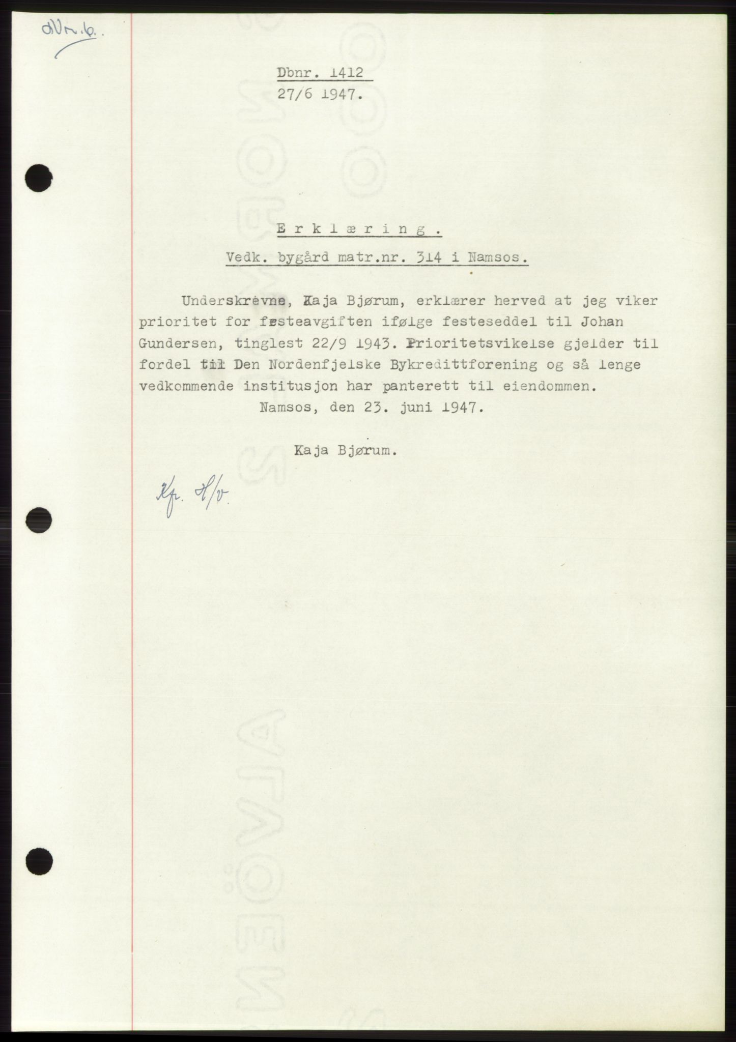 Namdal sorenskriveri, SAT/A-4133/1/2/2C: Pantebok nr. -, 1947-1947, Dagboknr: 1412/1947
