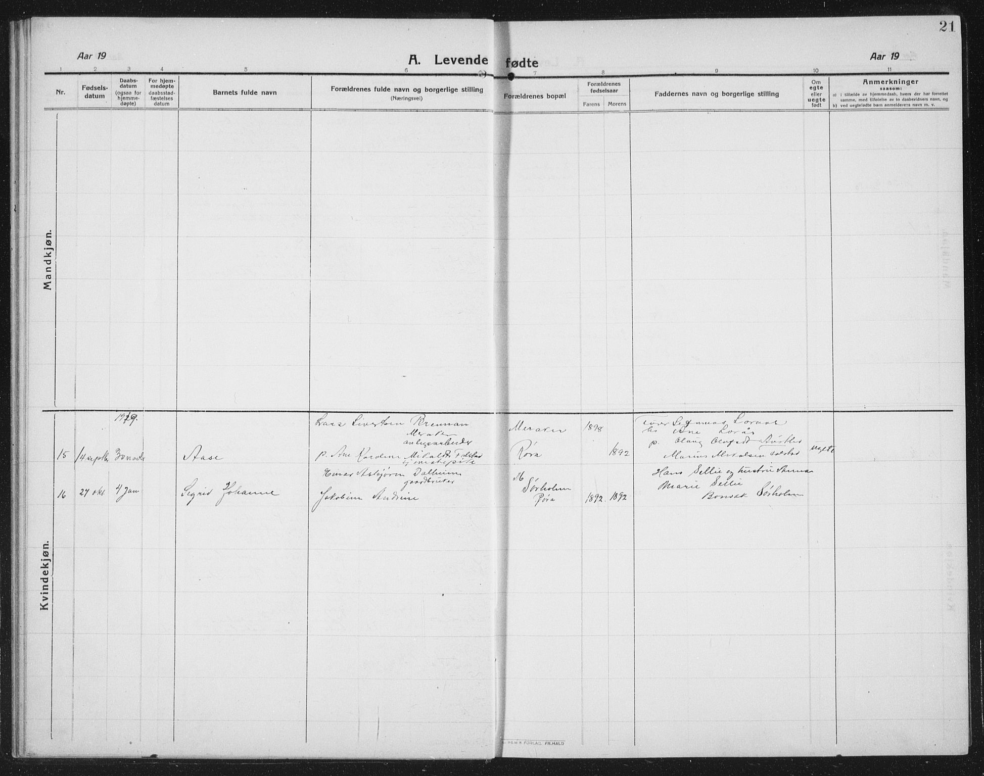 Ministerialprotokoller, klokkerbøker og fødselsregistre - Nord-Trøndelag, SAT/A-1458/731/L0312: Klokkerbok nr. 731C03, 1911-1935, s. 21