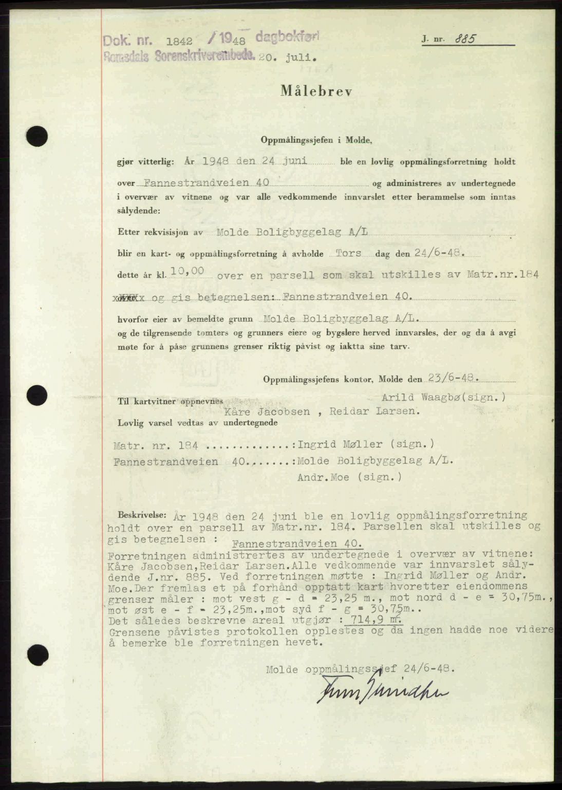 Romsdal sorenskriveri, SAT/A-4149/1/2/2C: Pantebok nr. A26, 1948-1948, Dagboknr: 1842/1948