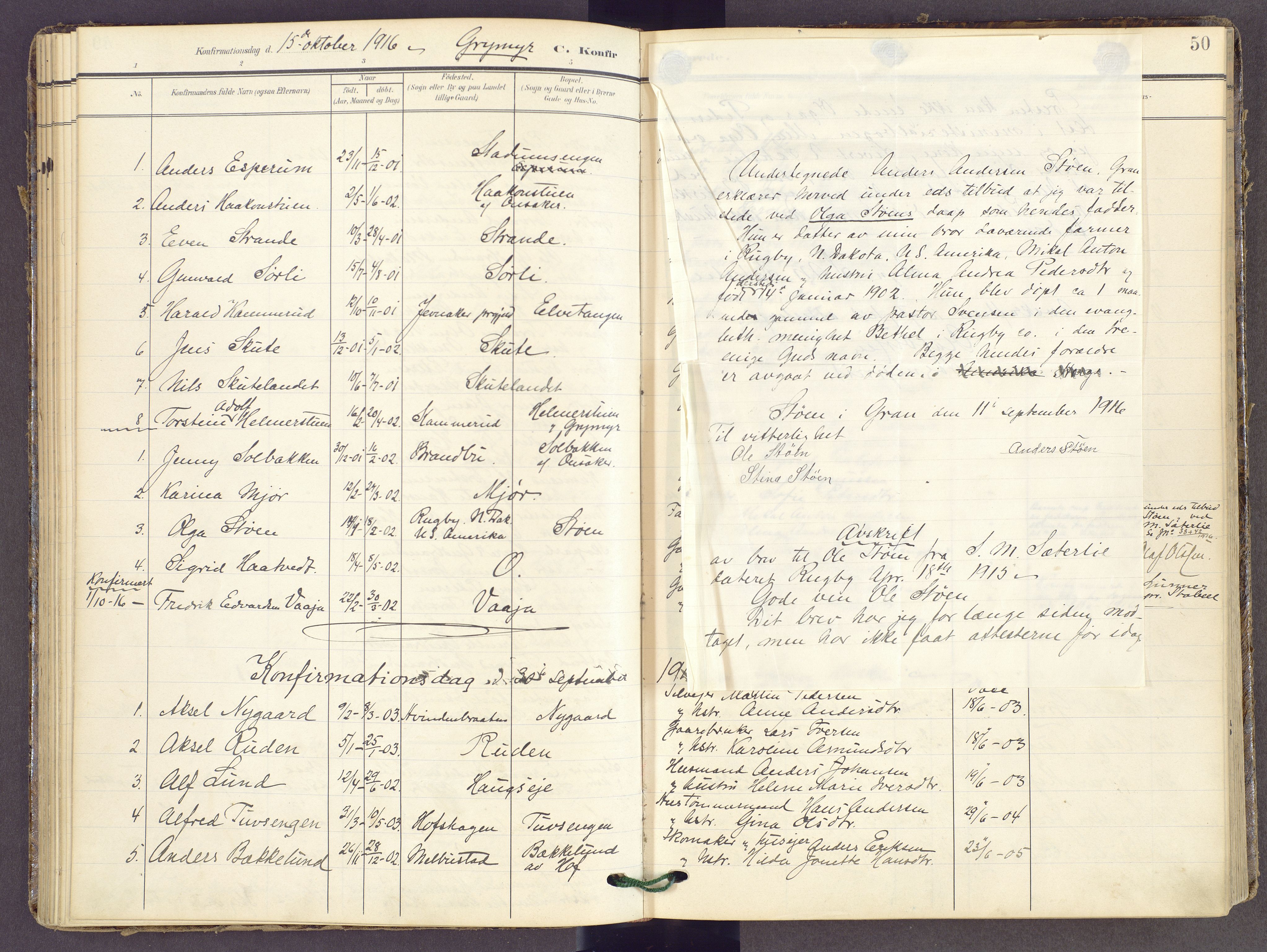 Gran prestekontor, AV/SAH-PREST-112/H/Ha/Haa/L0022: Ministerialbok nr. 22, 1908-1918, s. 50