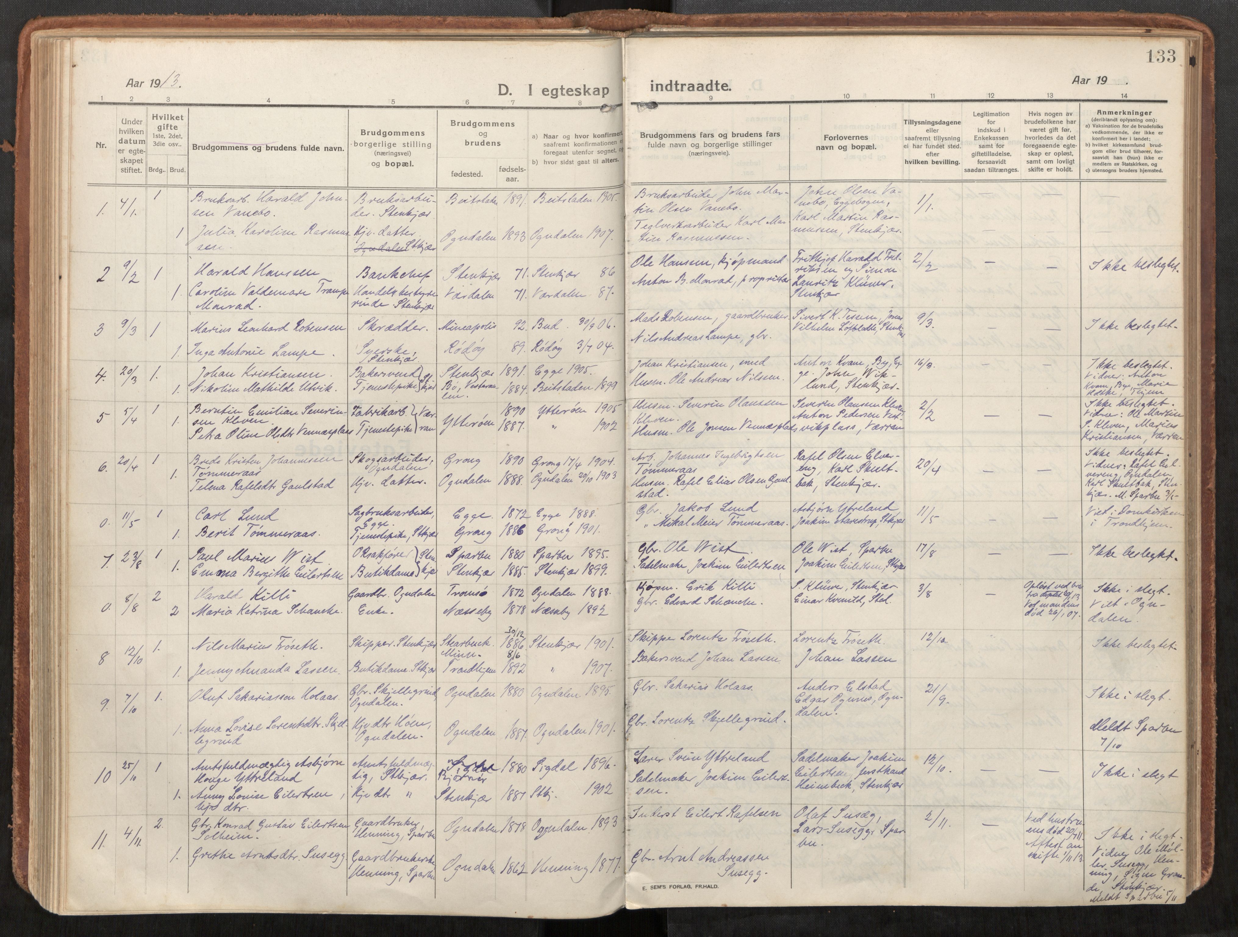 Steinkjer sokneprestkontor, AV/SAT-A-1541/01/H/Ha/Haa/L0003: Ministerialbok nr. 3, 1913-1922, s. 133