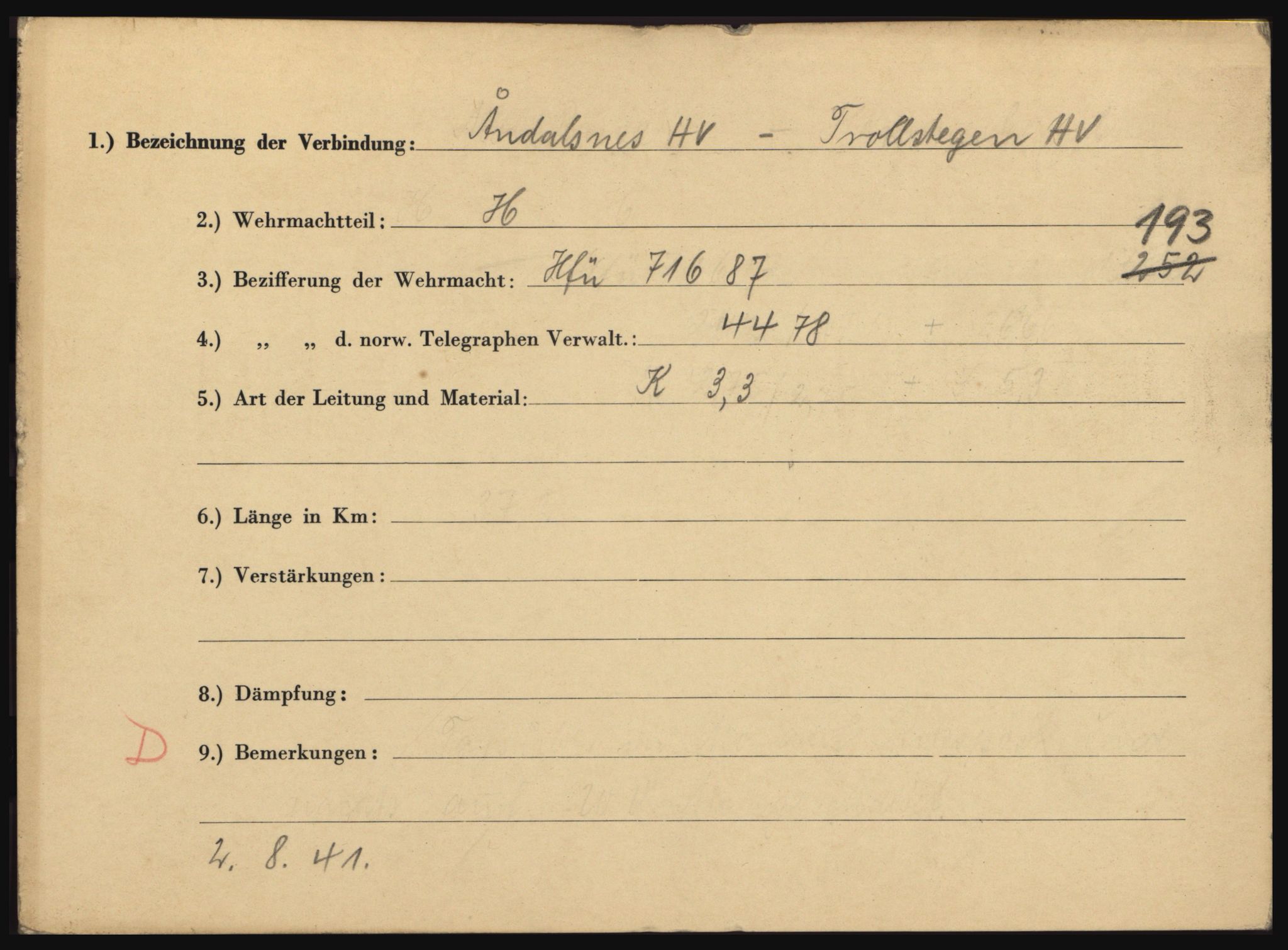Tyske arkiver, Organisation Todt (OT), Einsatzgruppe Wiking, RA/RAFA-2188/1/O/O12/L0005: Kartotek over tyske telefon- og fjernskriverlinjer i Norge, 1940-1945, s. 2