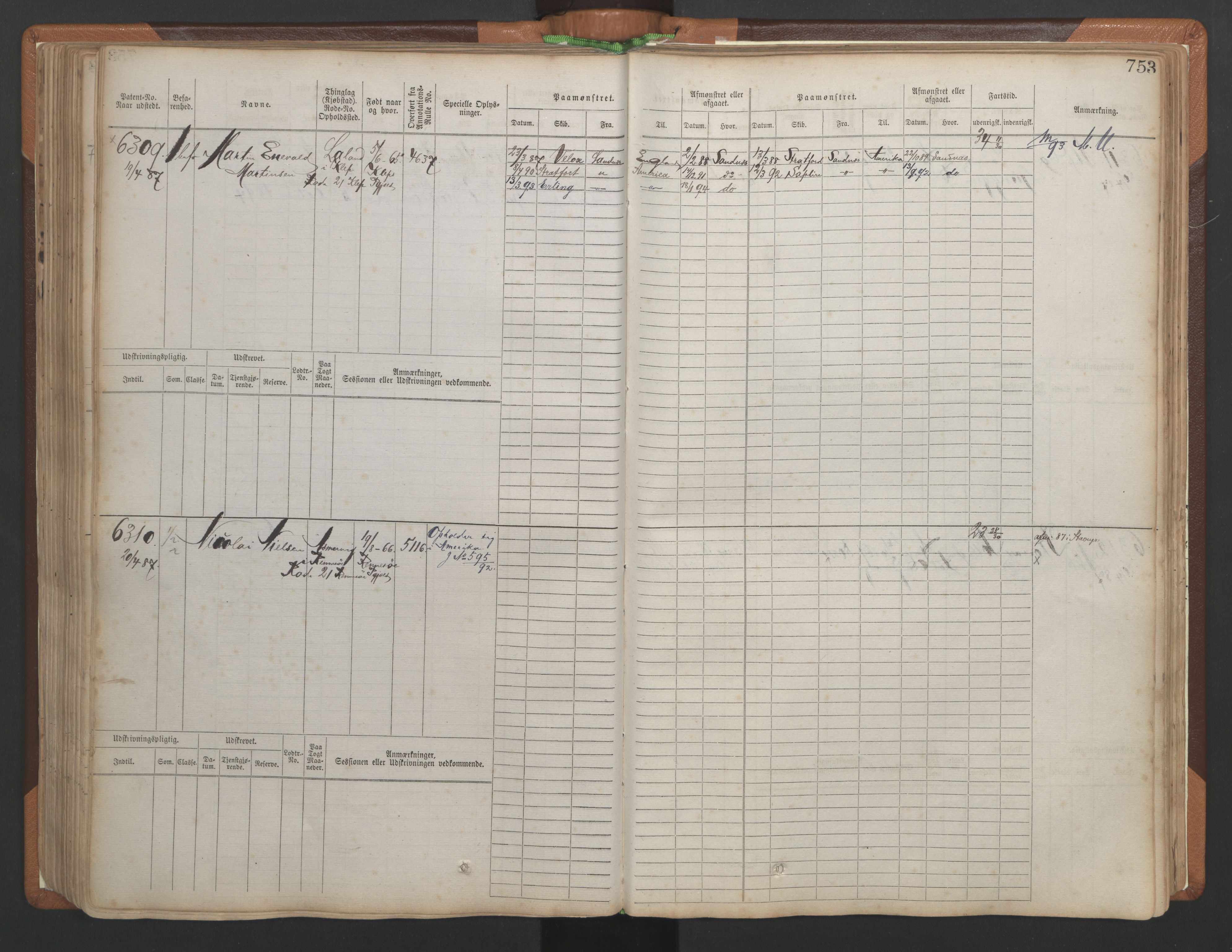 Stavanger sjømannskontor, AV/SAST-A-102006/F/Fb/Fbb/L0010: Sjøfartshovedrulle, patentnr. 6007-6606 (del 1), 1887-1896, s. 157