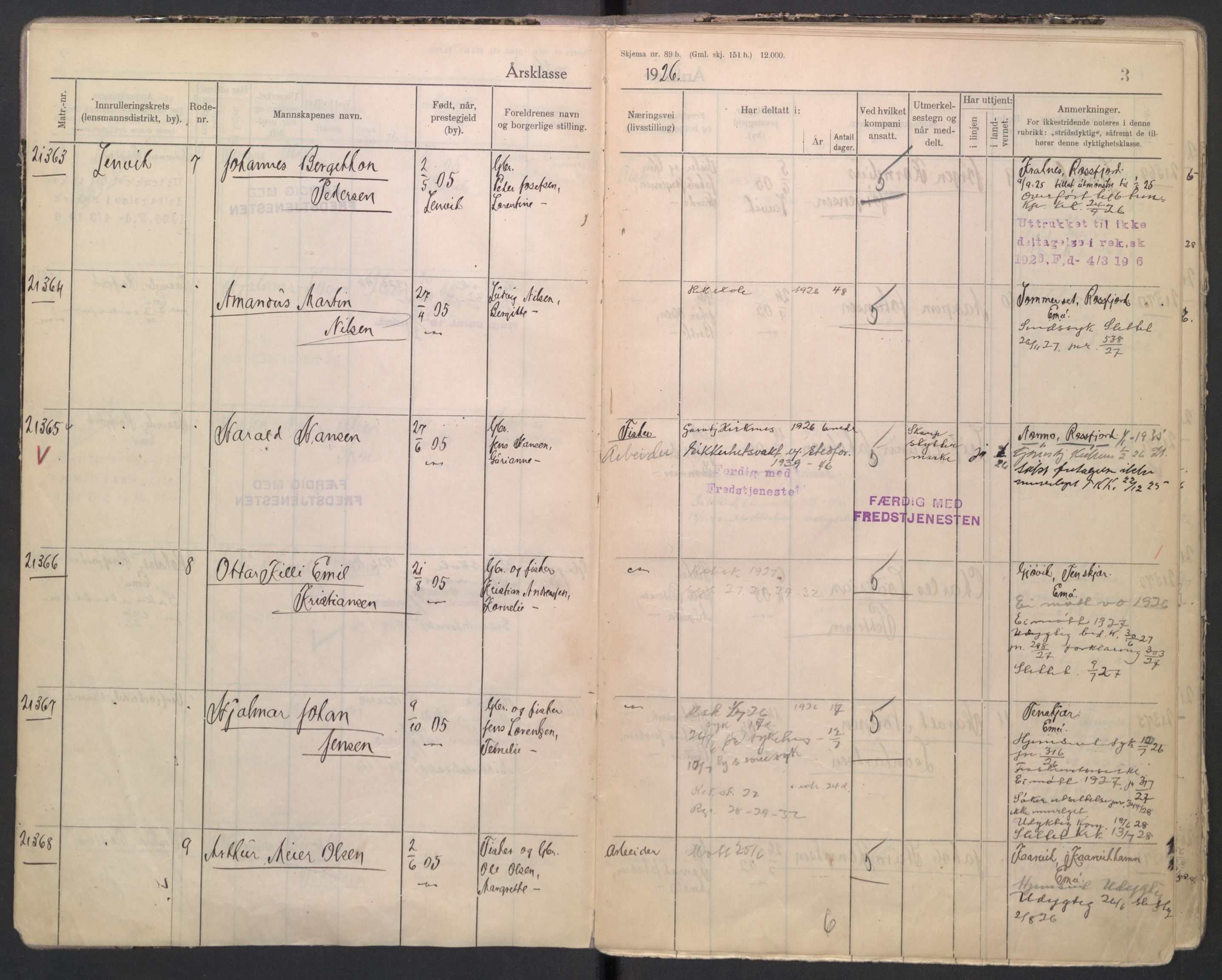Forsvaret, Troms infanteriregiment nr. 16, AV/RA-RAFA-3146/P/Pa/L0004/0001: Ruller / Rulle for Bardu bataljons menige mannskaper, årsklasse 1926, 1926, s. 3