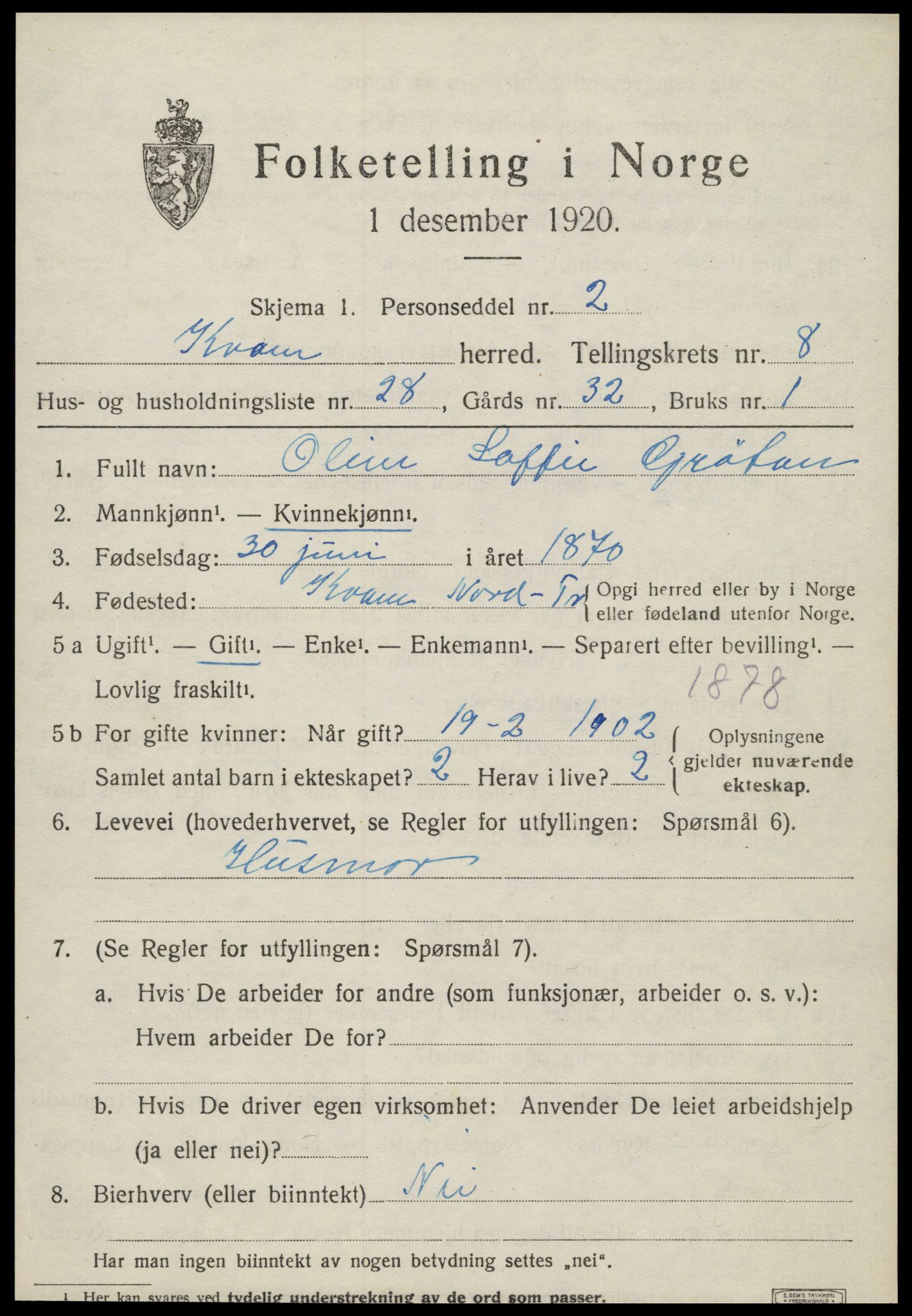 SAT, Folketelling 1920 for 1735 Kvam herred, 1920, s. 2299