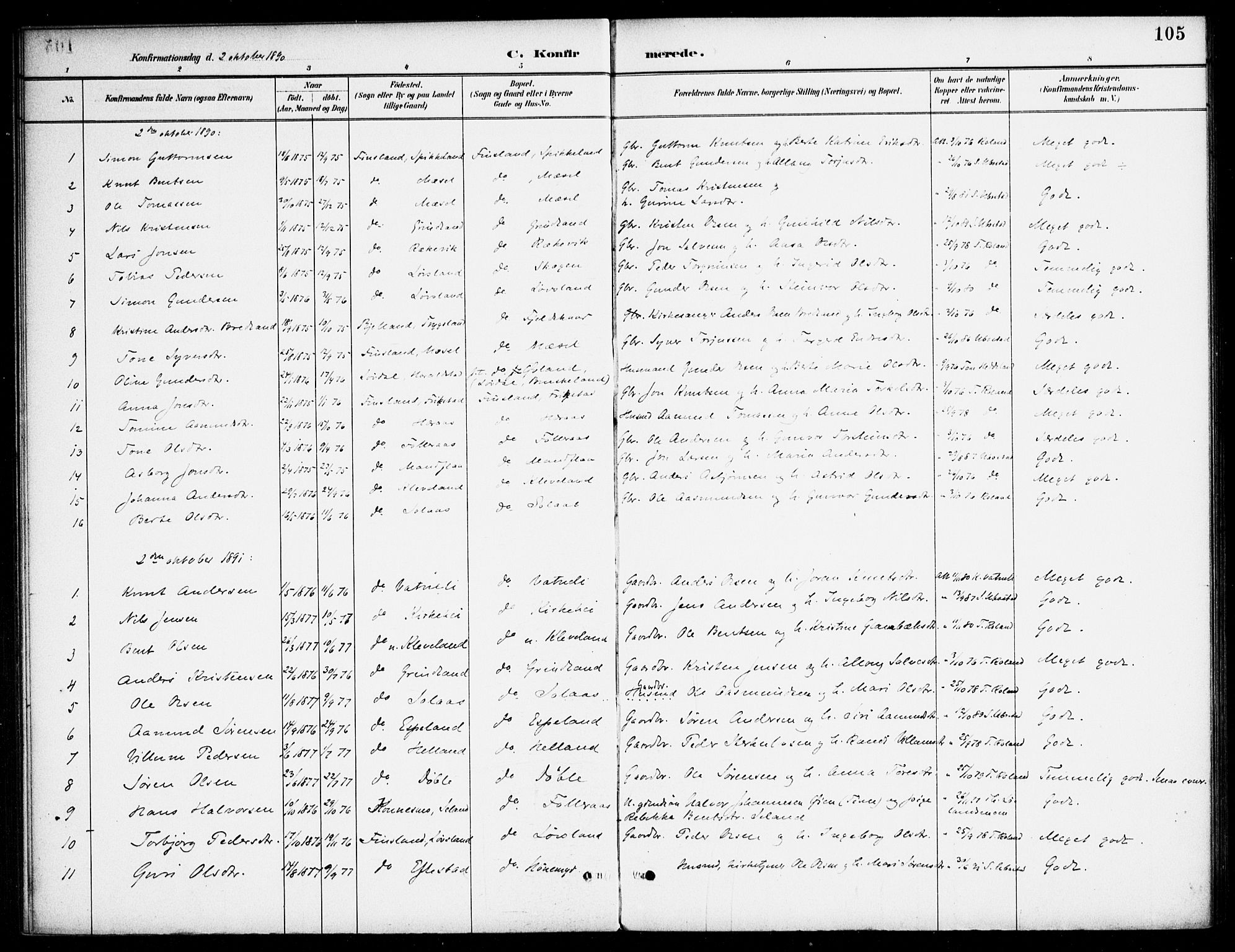 Bjelland sokneprestkontor, AV/SAK-1111-0005/F/Fa/Fab/L0004: Ministerialbok nr. A 4, 1887-1920, s. 105