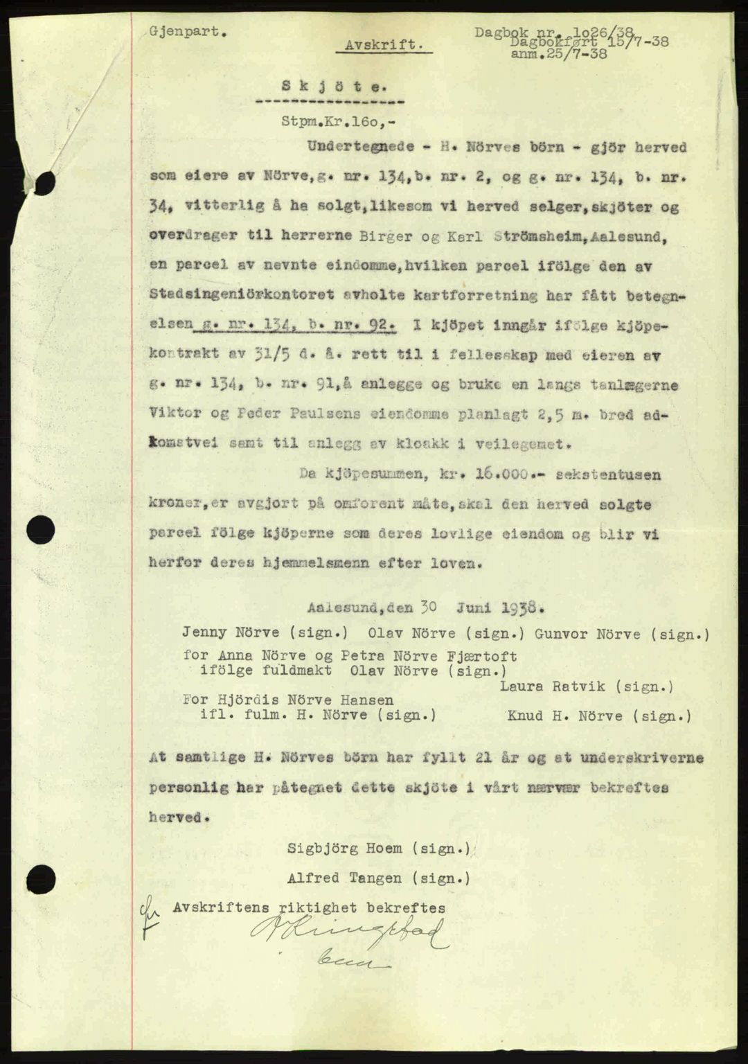 Ålesund byfogd, AV/SAT-A-4384: Pantebok nr. 34 II, 1938-1940, Dagboknr: 1026/1938