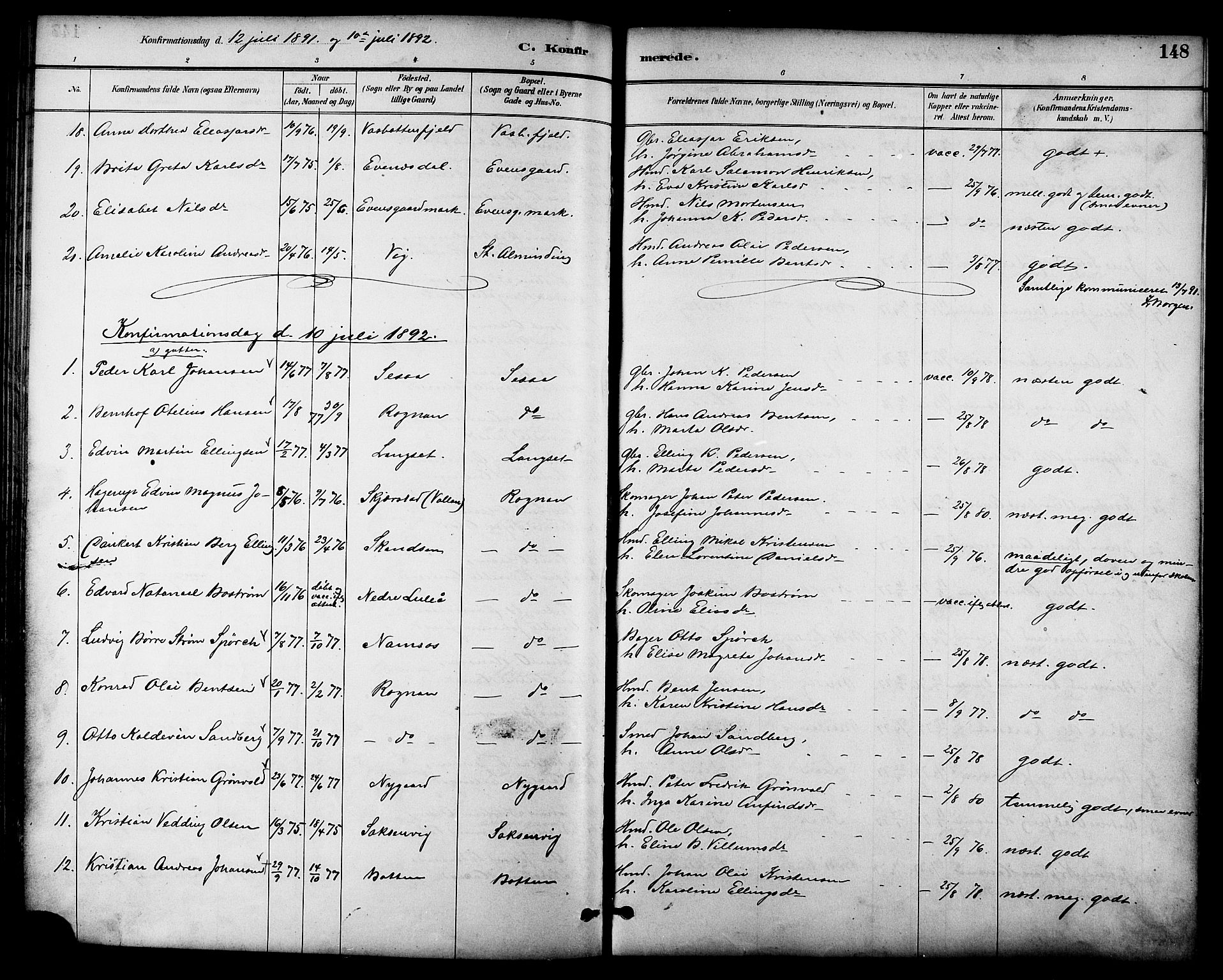 Ministerialprotokoller, klokkerbøker og fødselsregistre - Nordland, AV/SAT-A-1459/847/L0669: Ministerialbok nr. 847A09, 1887-1901, s. 148