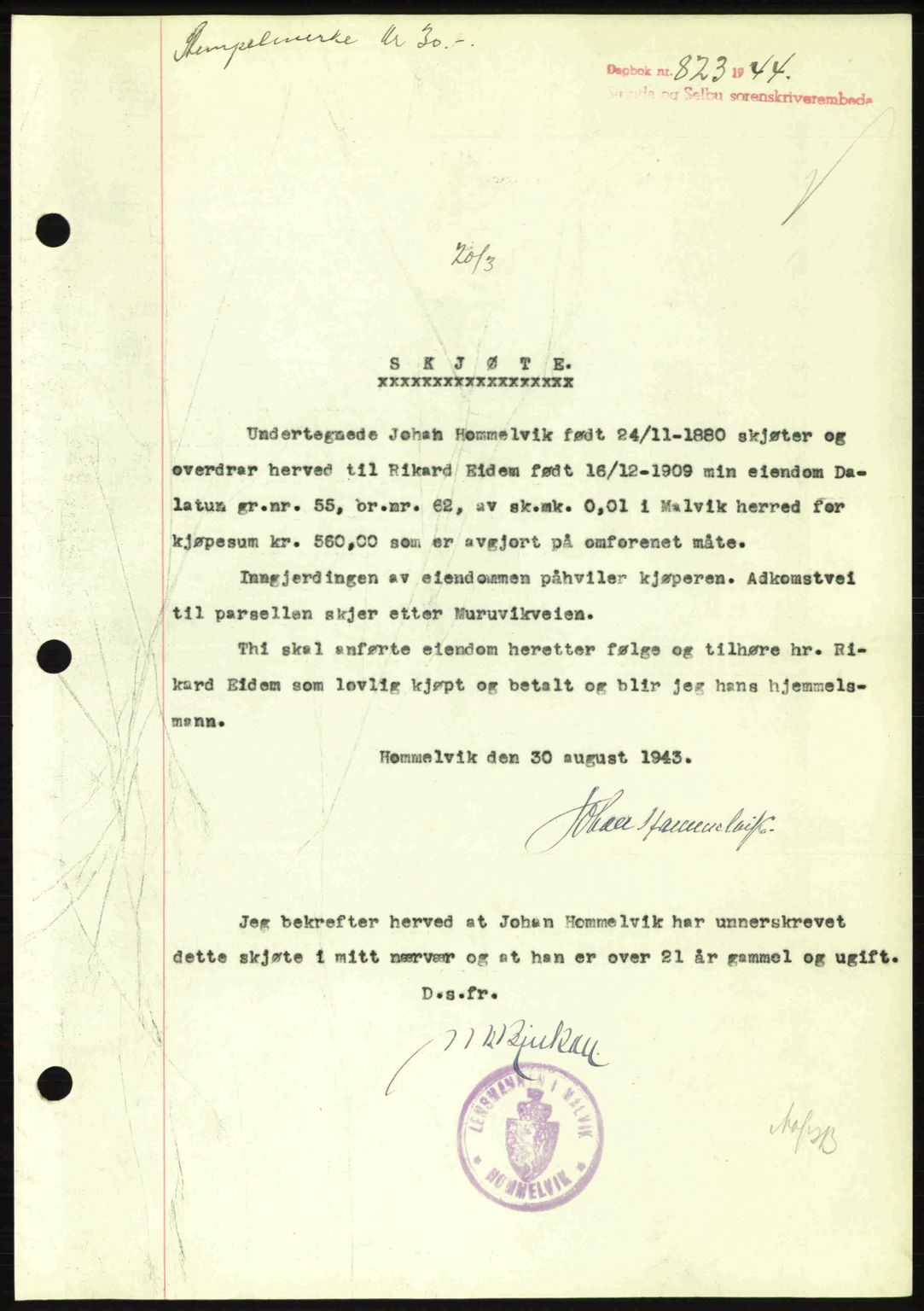 Strinda og Selbu sorenskriveri, SAT/A-0015/2/2C: Pantebok nr. A9, 1944-1945, Dagboknr: 823/1944