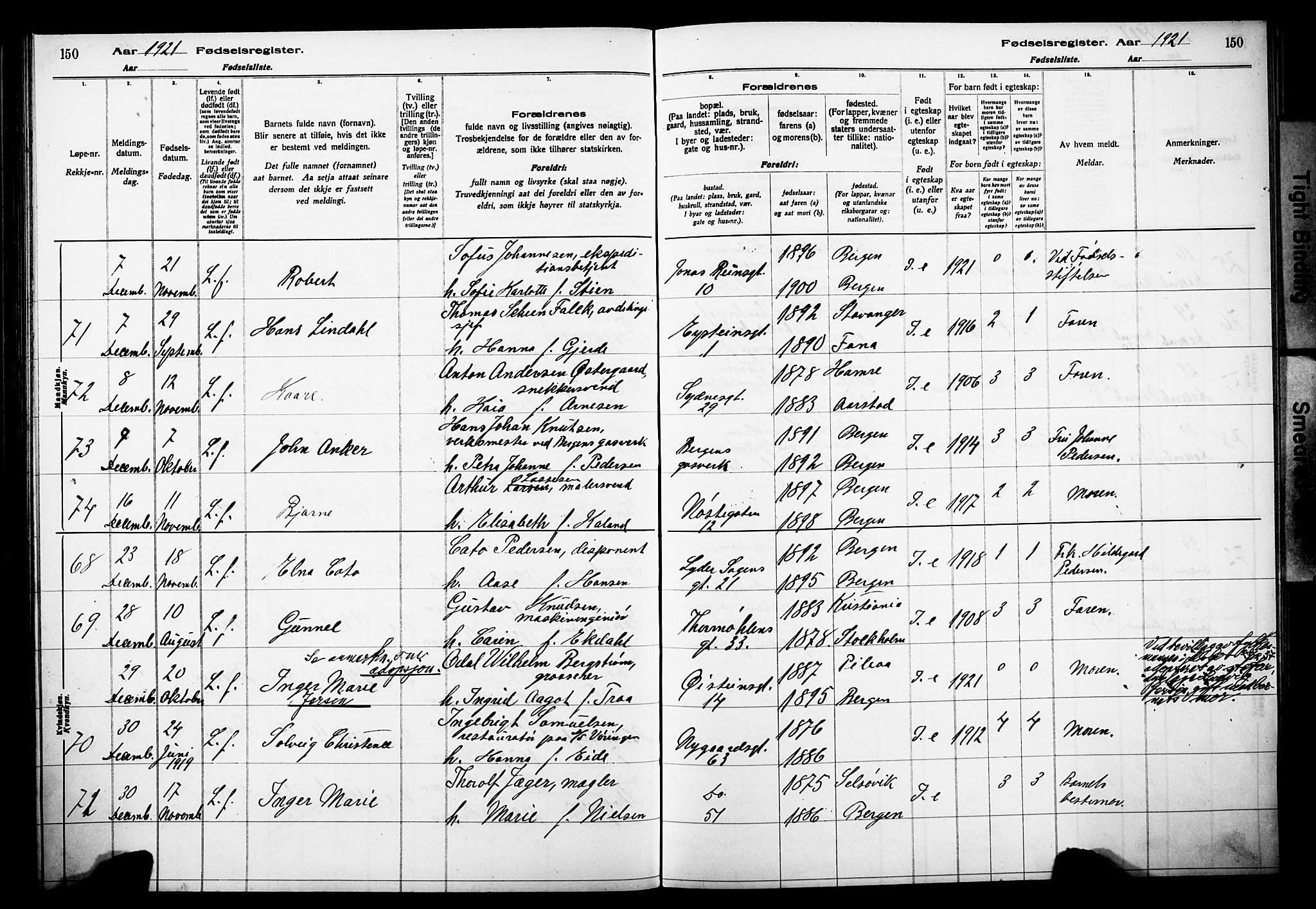 Johanneskirken sokneprestembete, AV/SAB-A-76001/I/Id/L00A1: Fødselsregister nr. A 1, 1916-1924, s. 150