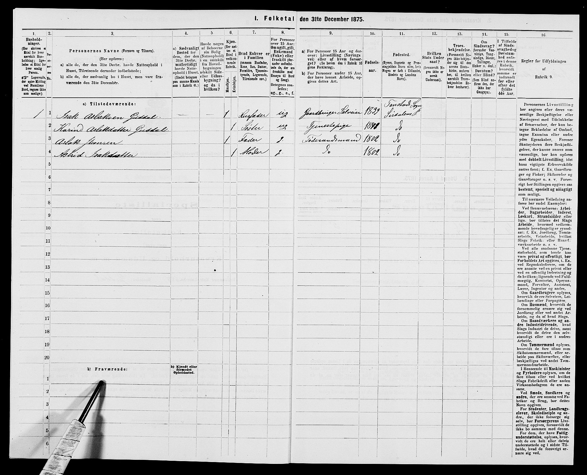 SAK, Folketelling 1875 for 1046P Sirdal prestegjeld, 1875, s. 338