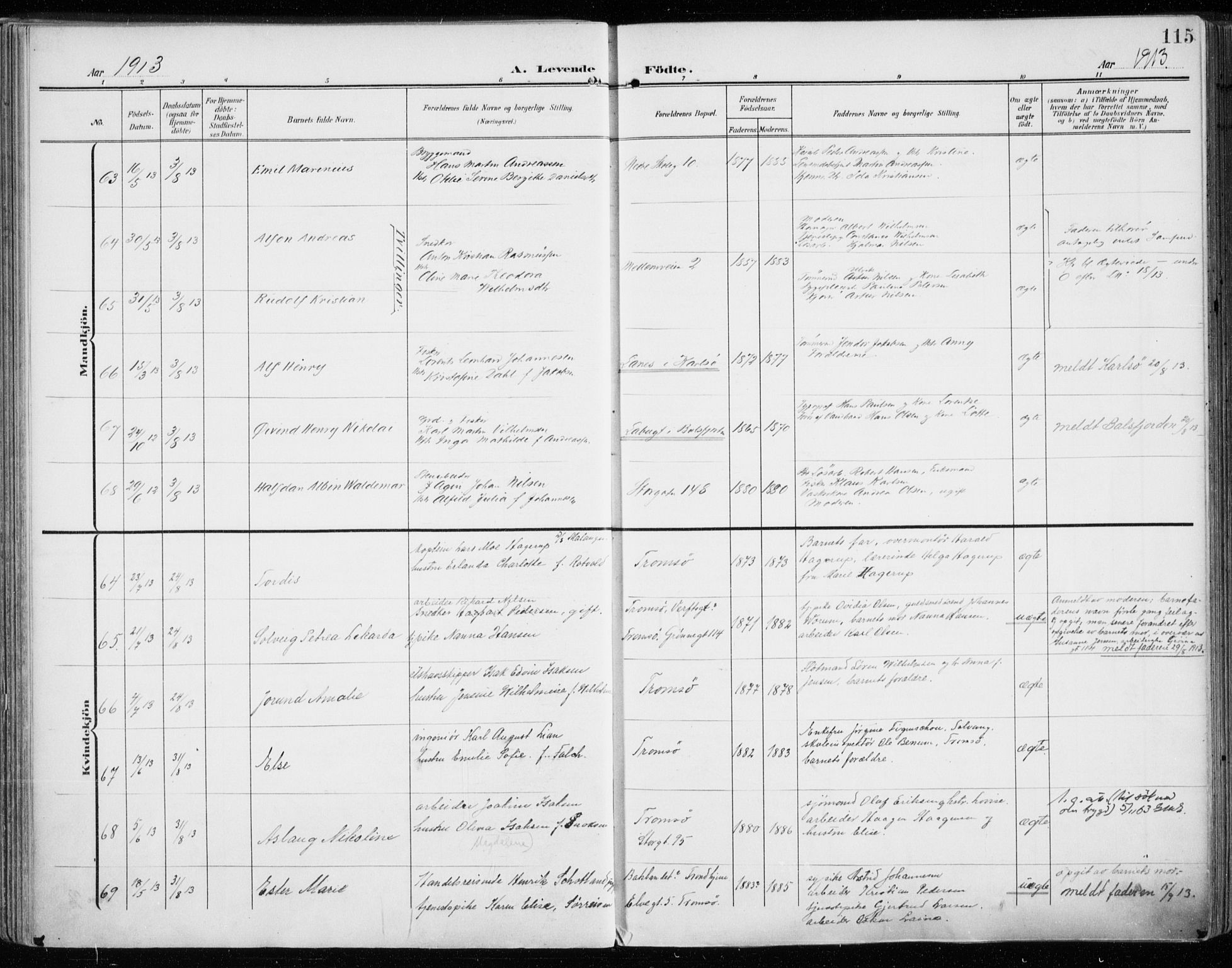 Tromsø sokneprestkontor/stiftsprosti/domprosti, AV/SATØ-S-1343/G/Ga/L0017kirke: Ministerialbok nr. 17, 1907-1917, s. 115