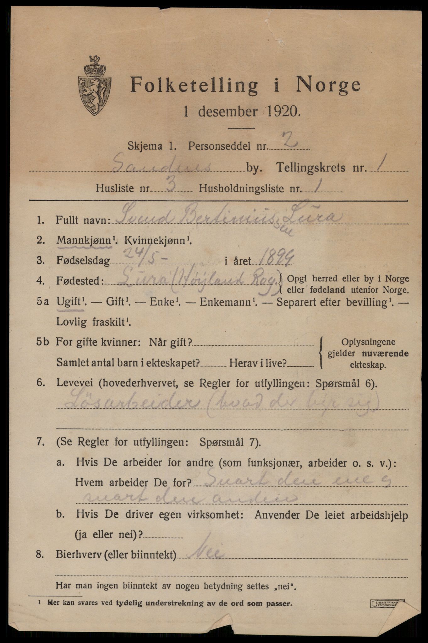 SAST, Folketelling 1920 for 1102 Sandnes ladested, 1920, s. 2502