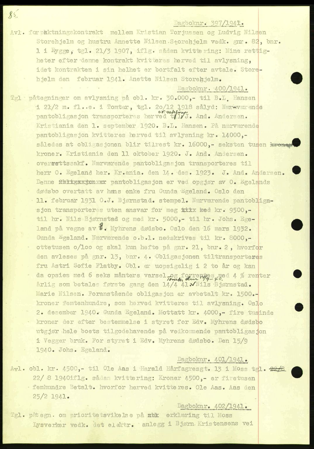 Moss sorenskriveri, SAO/A-10168: Pantebok nr. B10, 1940-1941, Dagboknr: 397/1941