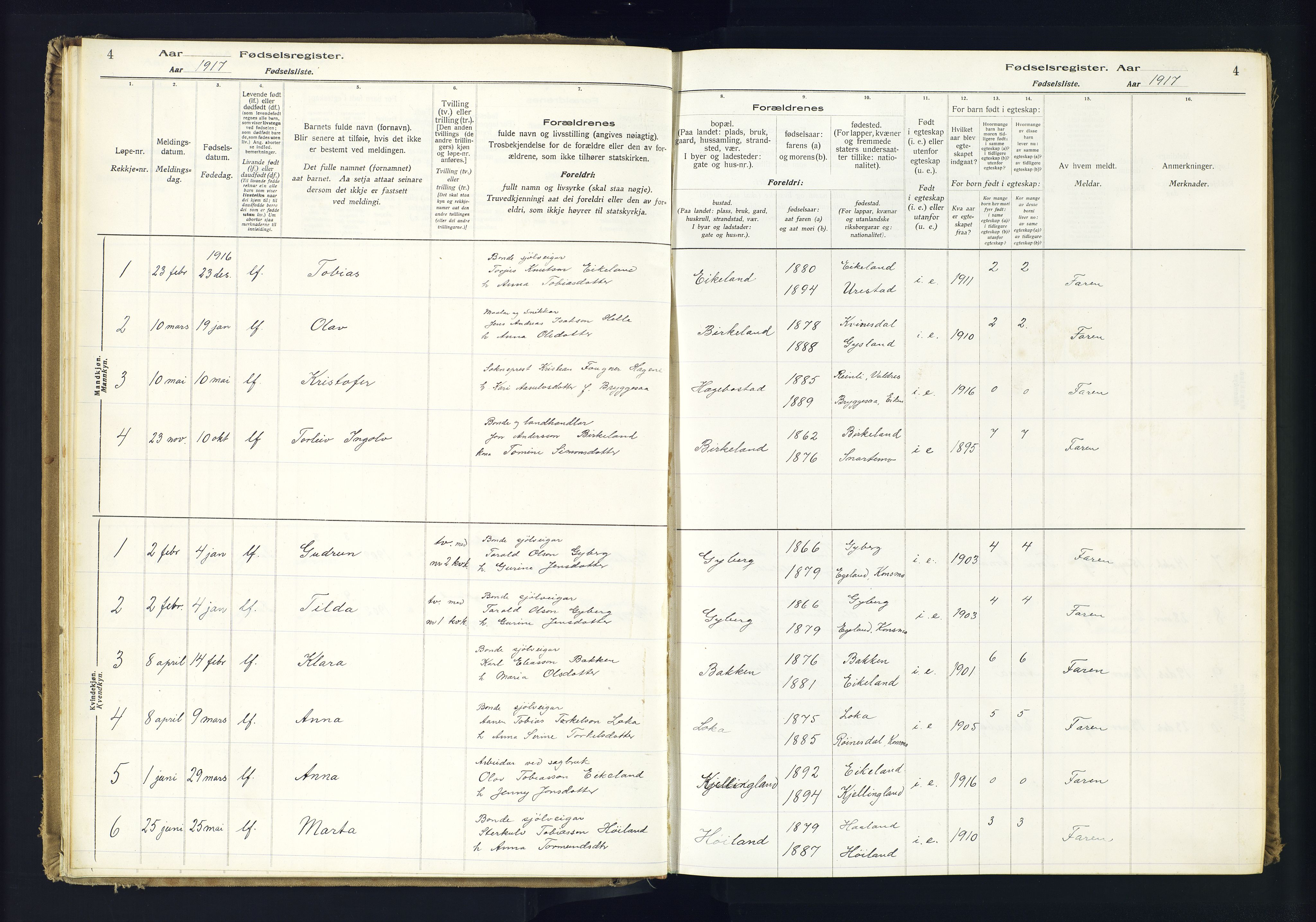 Hægebostad sokneprestkontor, SAK/1111-0024/J/Ja/L0001: Fødselsregister nr. II.6.7, 1916-1982, s. 4