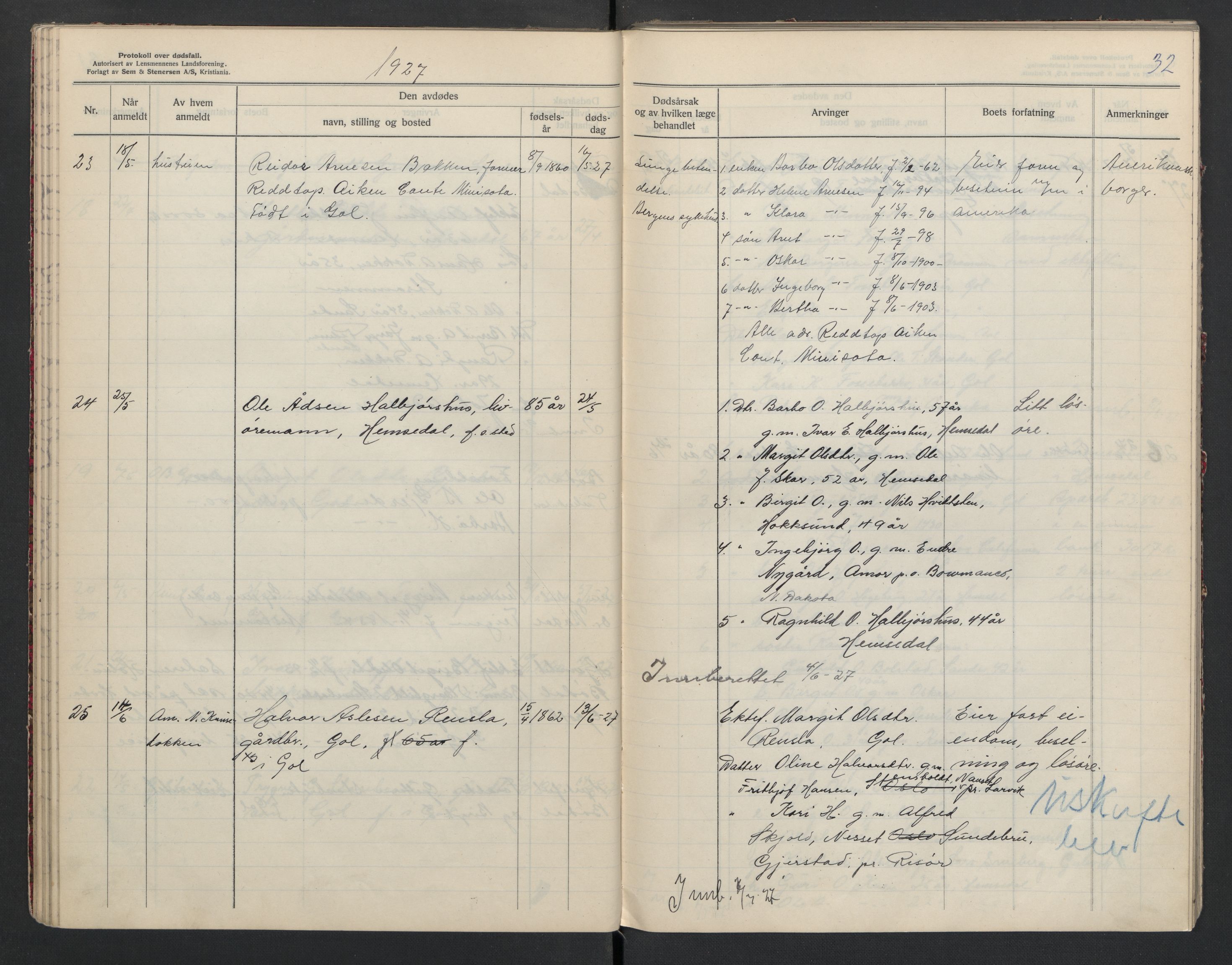 Gol og Hemsedal lensmannskontor, AV/SAKO-A-510/H/Ha/L0001: Dødsfallsprotokoll, 1925-1933, s. 32