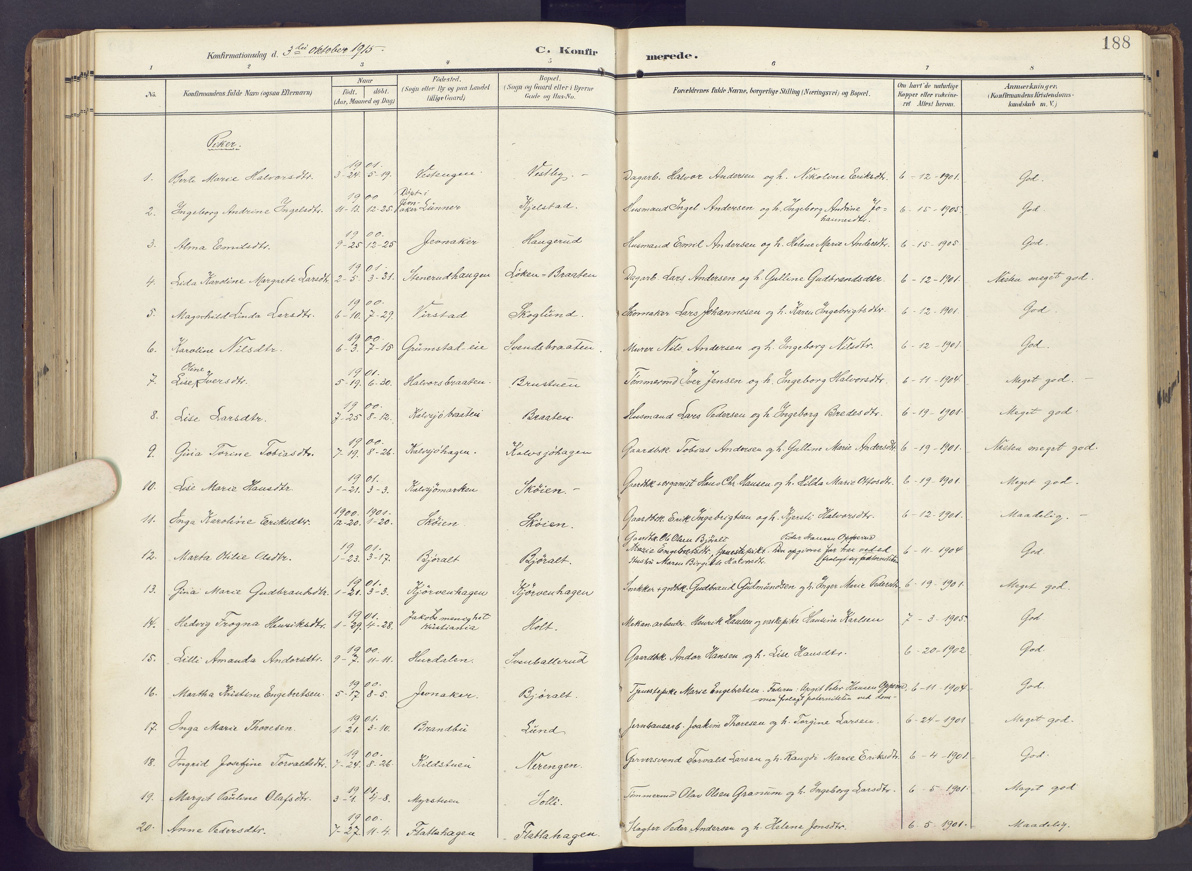 Lunner prestekontor, AV/SAH-PREST-118/H/Ha/Haa/L0001: Ministerialbok nr. 1, 1907-1922, s. 188