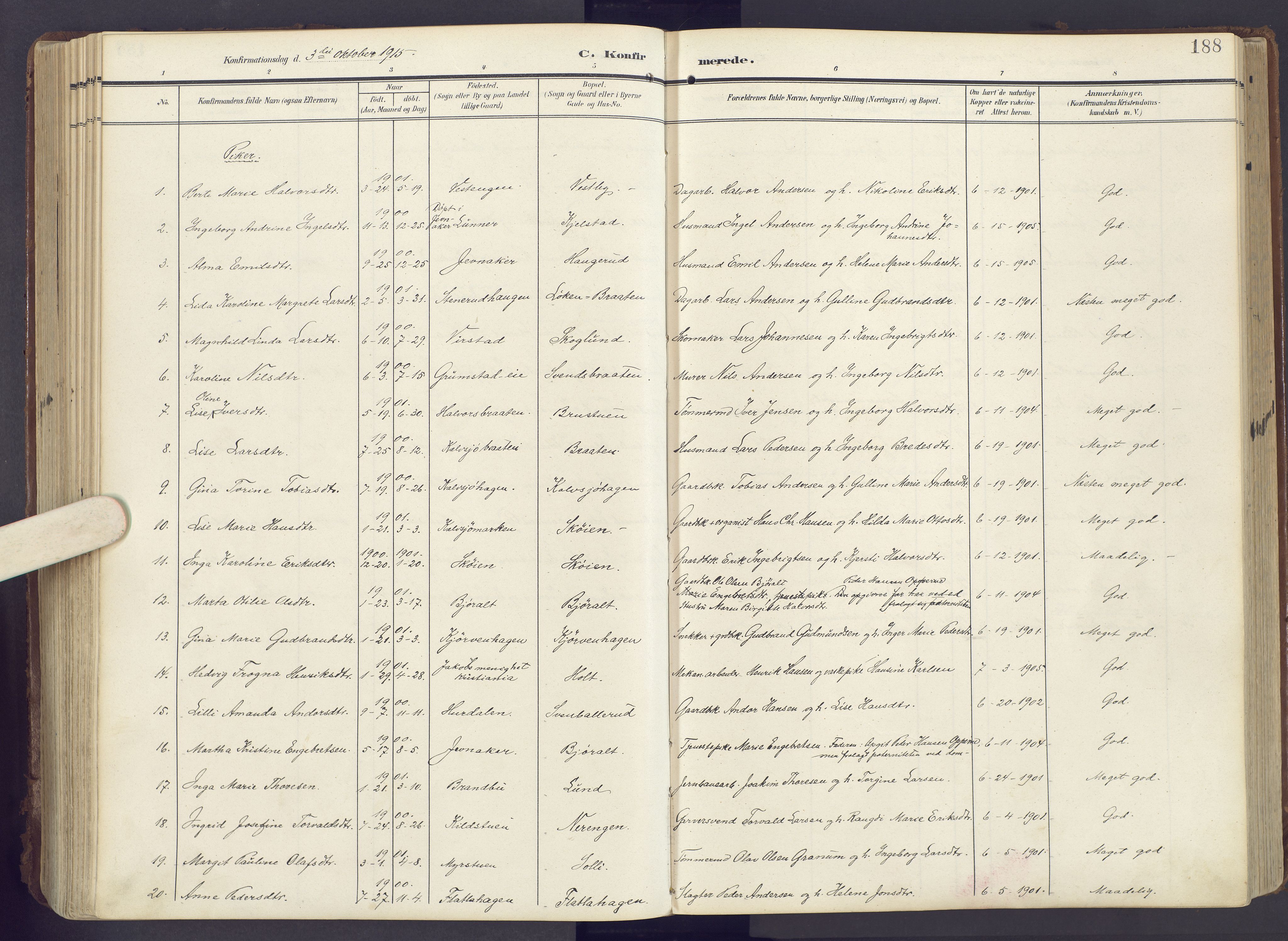 Lunner prestekontor, SAH/PREST-118/H/Ha/Haa/L0001: Ministerialbok nr. 1, 1907-1922, s. 188