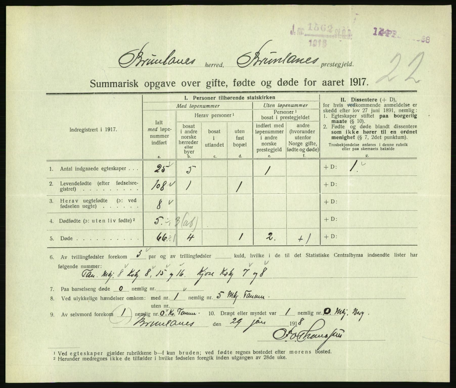 Statistisk sentralbyrå, Sosiodemografiske emner, Befolkning, RA/S-2228/D/Df/Dfb/Dfbg/L0056: Summariske oppgaver over gifte, fødte og døde for hele landet., 1917, s. 501