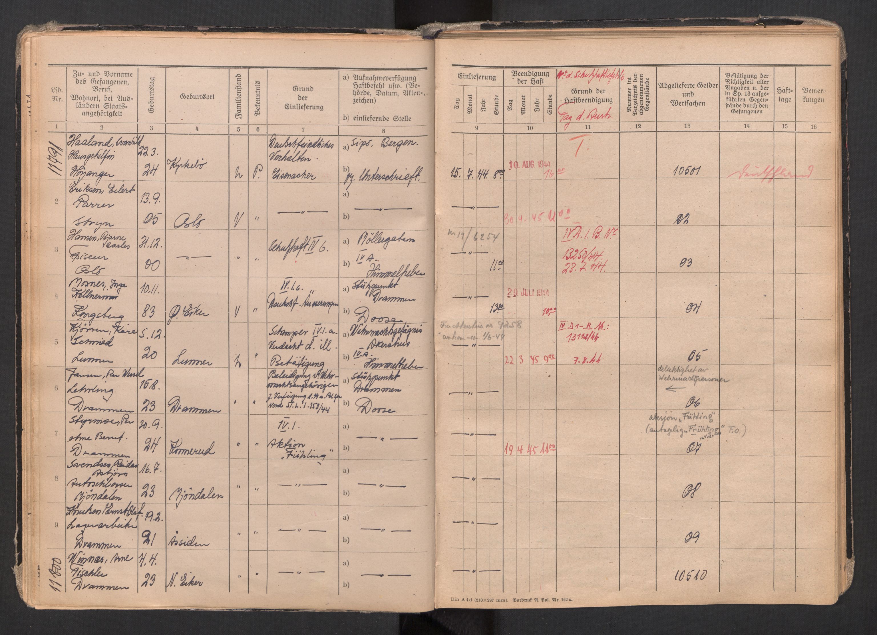 Befehlshaber der Sicherheitspolizei und des SD, AV/RA-RAFA-5969/F/Fa/Faa/L0007: Fangeprotokoll. - Gefangenen-Buch B. Fangenr. 11481-12000 og 13061-13930., 1944