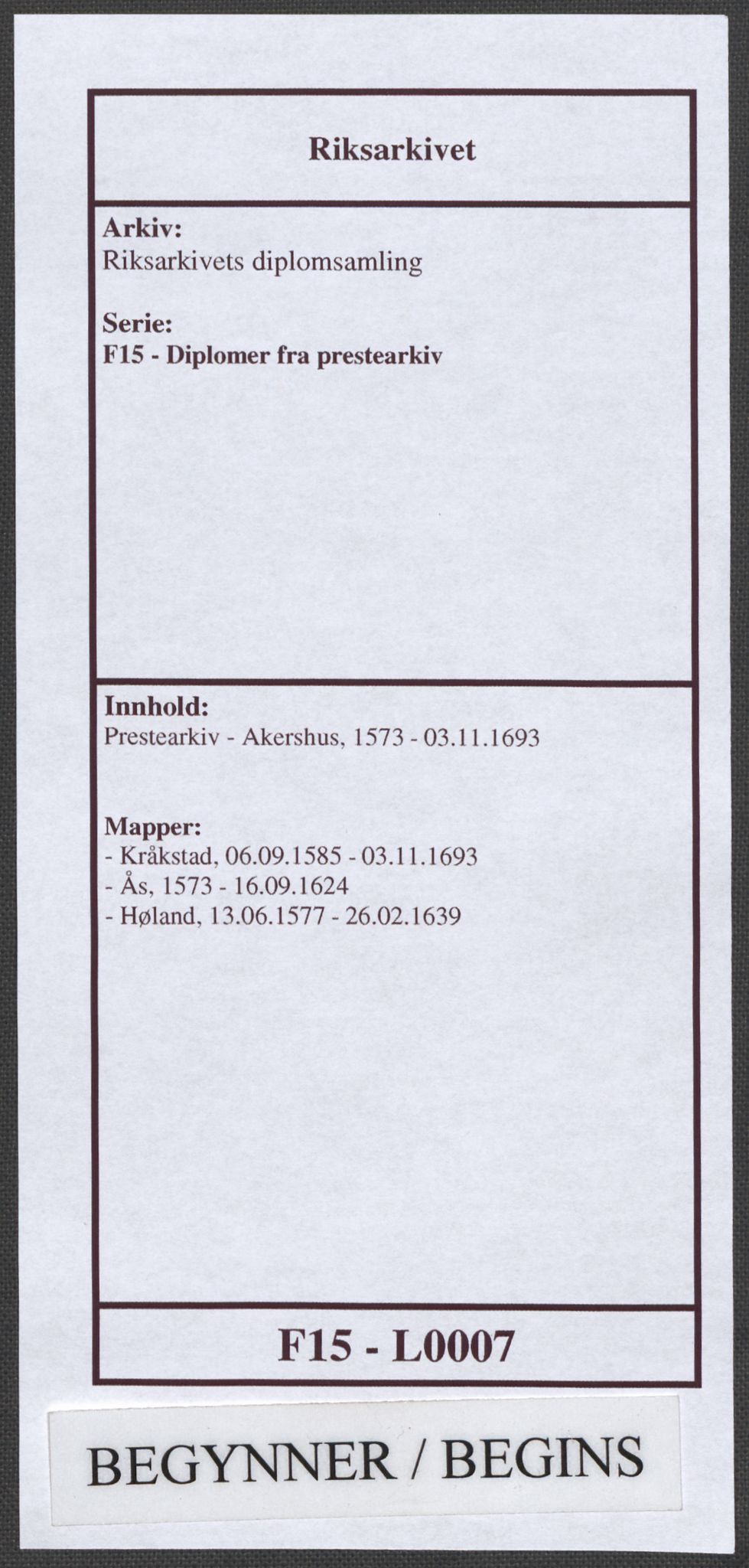 Riksarkivets diplomsamling, RA/EA-5965/F15/L0007: Prestearkiv - Akershus, 1573-1693, s. 1