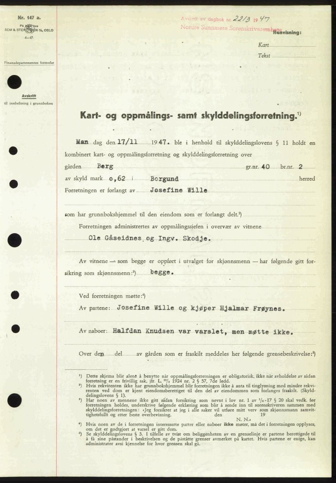 Nordre Sunnmøre sorenskriveri, AV/SAT-A-0006/1/2/2C/2Ca: Pantebok nr. A26, 1947-1948, Dagboknr: 2213/1947