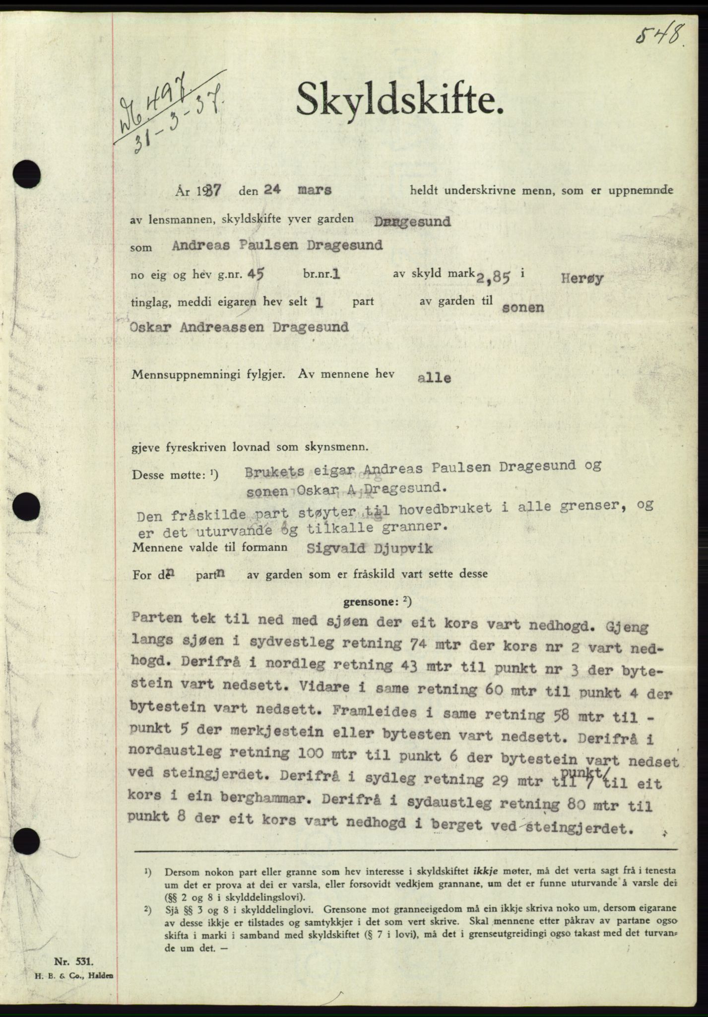 Søre Sunnmøre sorenskriveri, SAT/A-4122/1/2/2C/L0062: Pantebok nr. 56, 1936-1937, Dagboknr: 497/1937