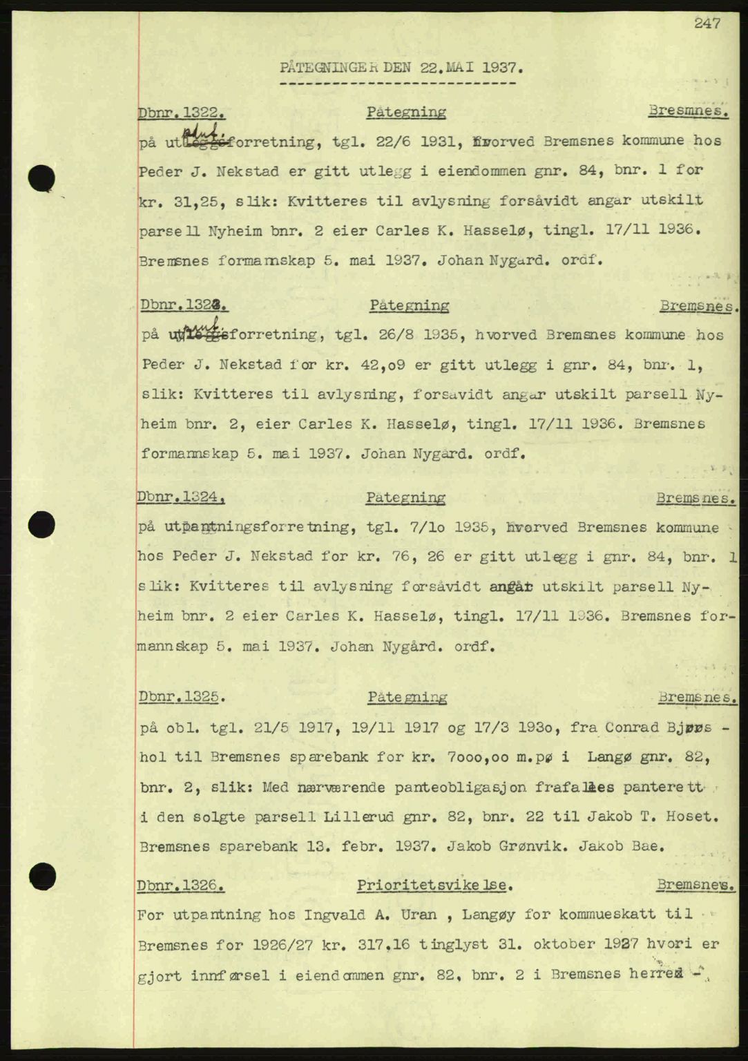 Nordmøre sorenskriveri, SAT/A-4132/1/2/2Ca: Pantebok nr. C80, 1936-1939, Dagboknr: 1322/1937