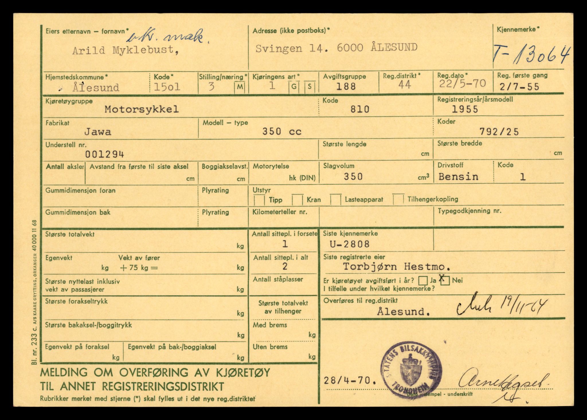 Møre og Romsdal vegkontor - Ålesund trafikkstasjon, AV/SAT-A-4099/F/Fe/L0037: Registreringskort for kjøretøy T 13031 - T 13179, 1927-1998, s. 651