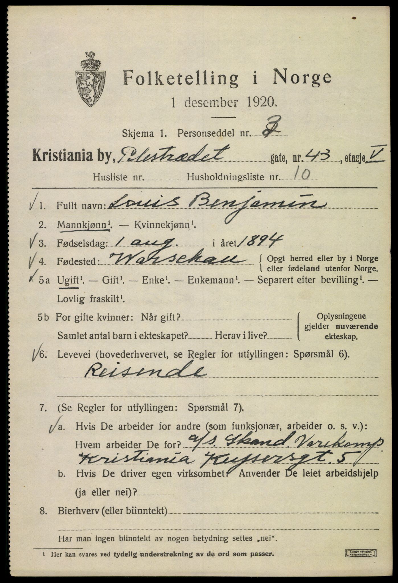 SAO, Folketelling 1920 for 0301 Kristiania kjøpstad, 1920, s. 449717