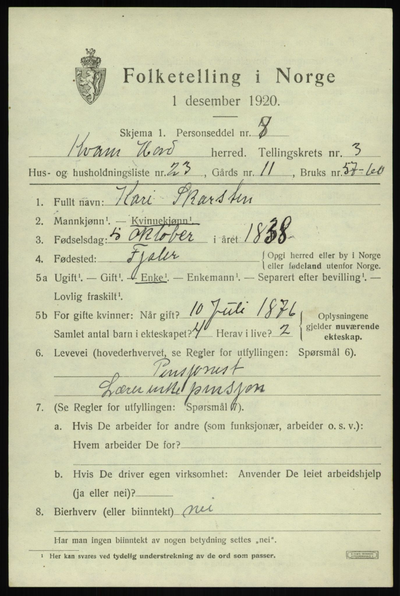 SAB, Folketelling 1920 for 1238 Kvam herred, 1920, s. 2795