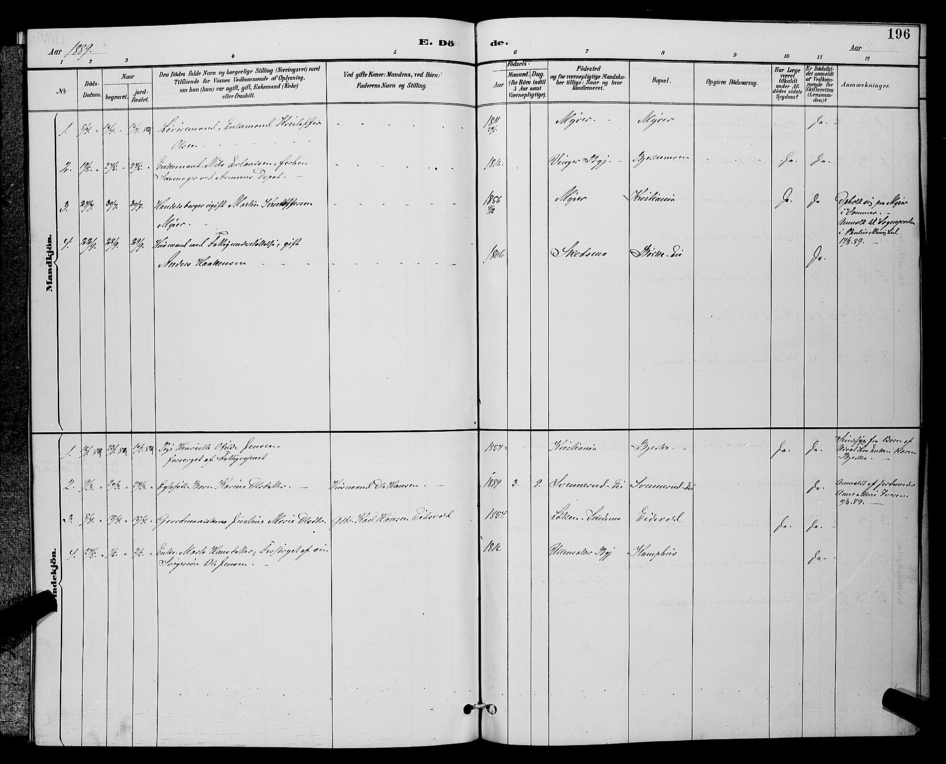 Sørum prestekontor Kirkebøker, SAO/A-10303/G/Ga/L0005: Klokkerbok nr. I 5.2, 1886-1894, s. 196