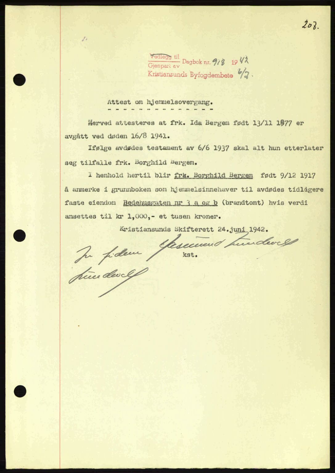 Kristiansund byfogd, AV/SAT-A-4587/A/27: Pantebok nr. 34, 1941-1945, Dagboknr: 918/1942