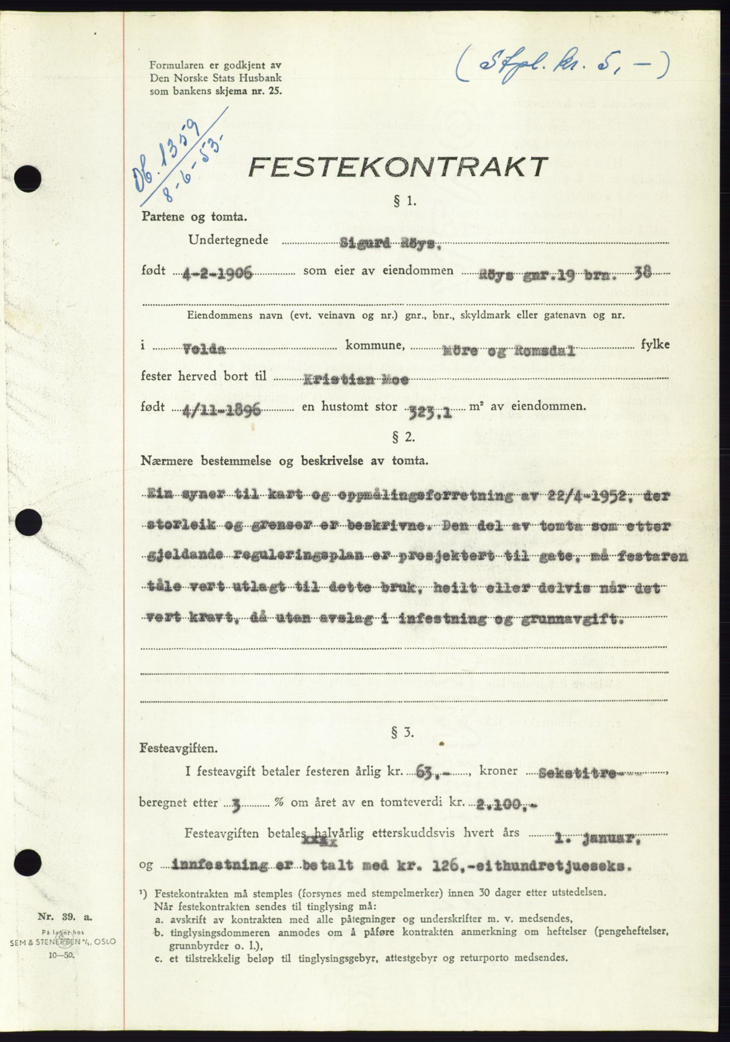 Søre Sunnmøre sorenskriveri, AV/SAT-A-4122/1/2/2C/L0095: Pantebok nr. 21A, 1953-1953, Dagboknr: 1359/1953