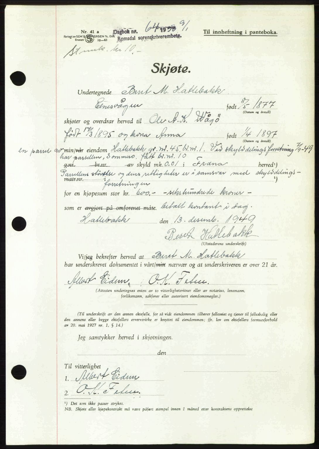 Romsdal sorenskriveri, SAT/A-4149/1/2/2C: Pantebok nr. A32, 1950-1950, Dagboknr: 64/1950