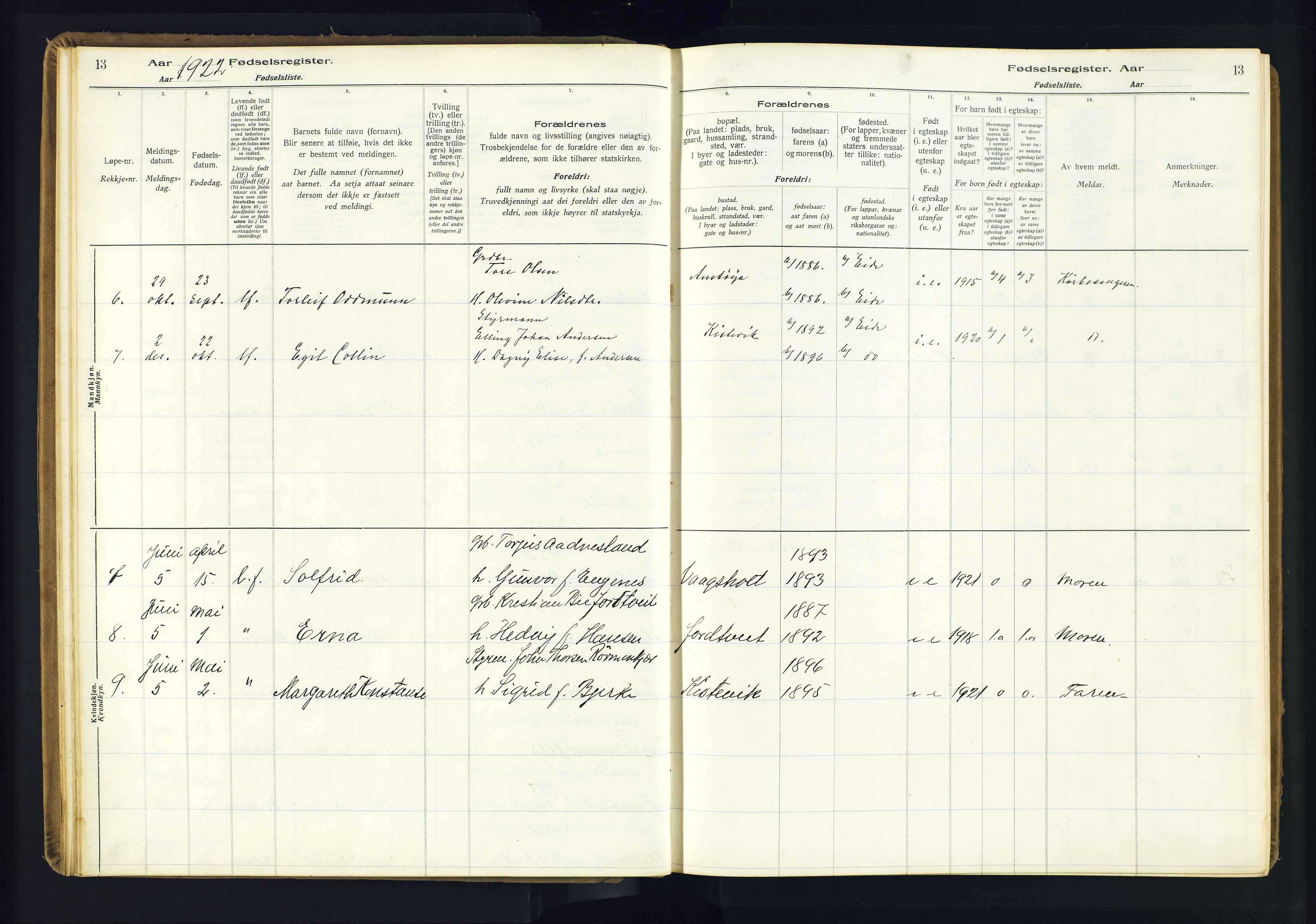 Hommedal sokneprestkontor, SAK/1111-0023/J/Jd/L0003: Fødselsregister nr. 3, 1916-1982, s. 13