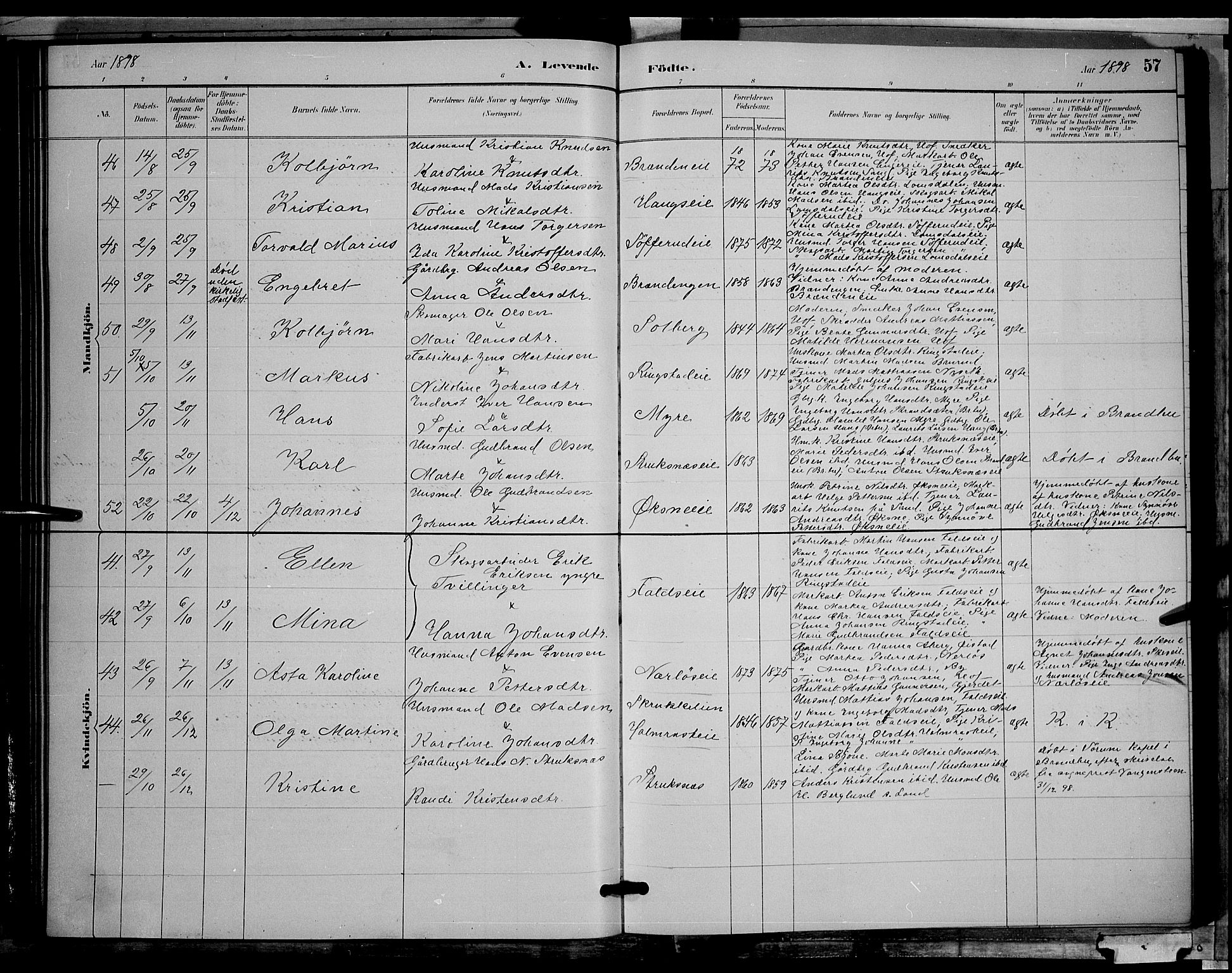 Søndre Land prestekontor, AV/SAH-PREST-122/L/L0002: Klokkerbok nr. 2, 1884-1900, s. 57