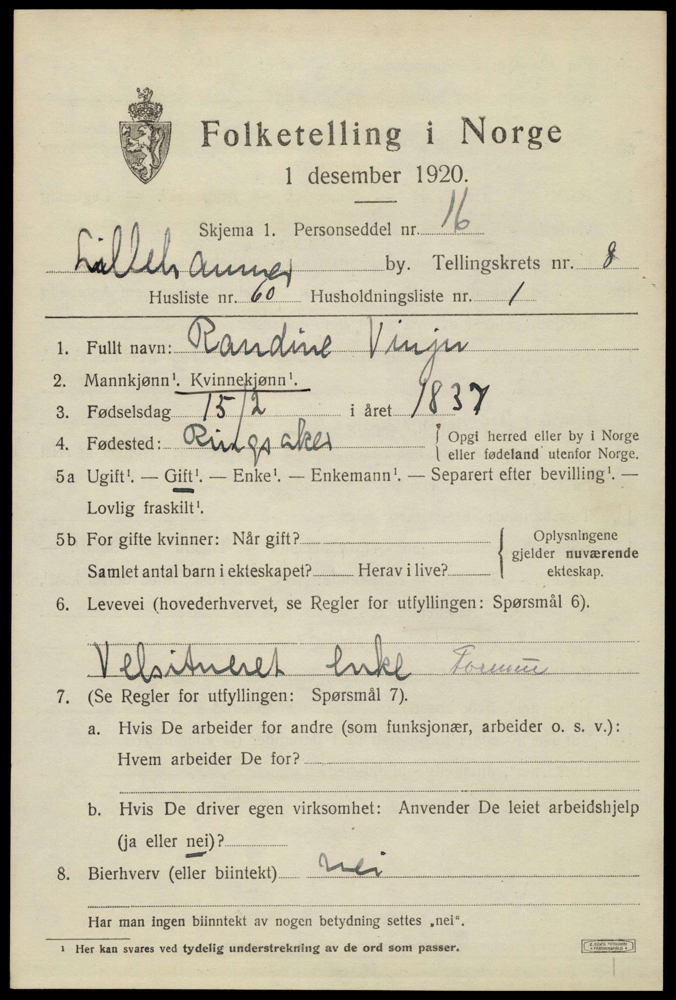 SAH, Folketelling 1920 for 0501 Lillehammer kjøpstad, 1920, s. 11602