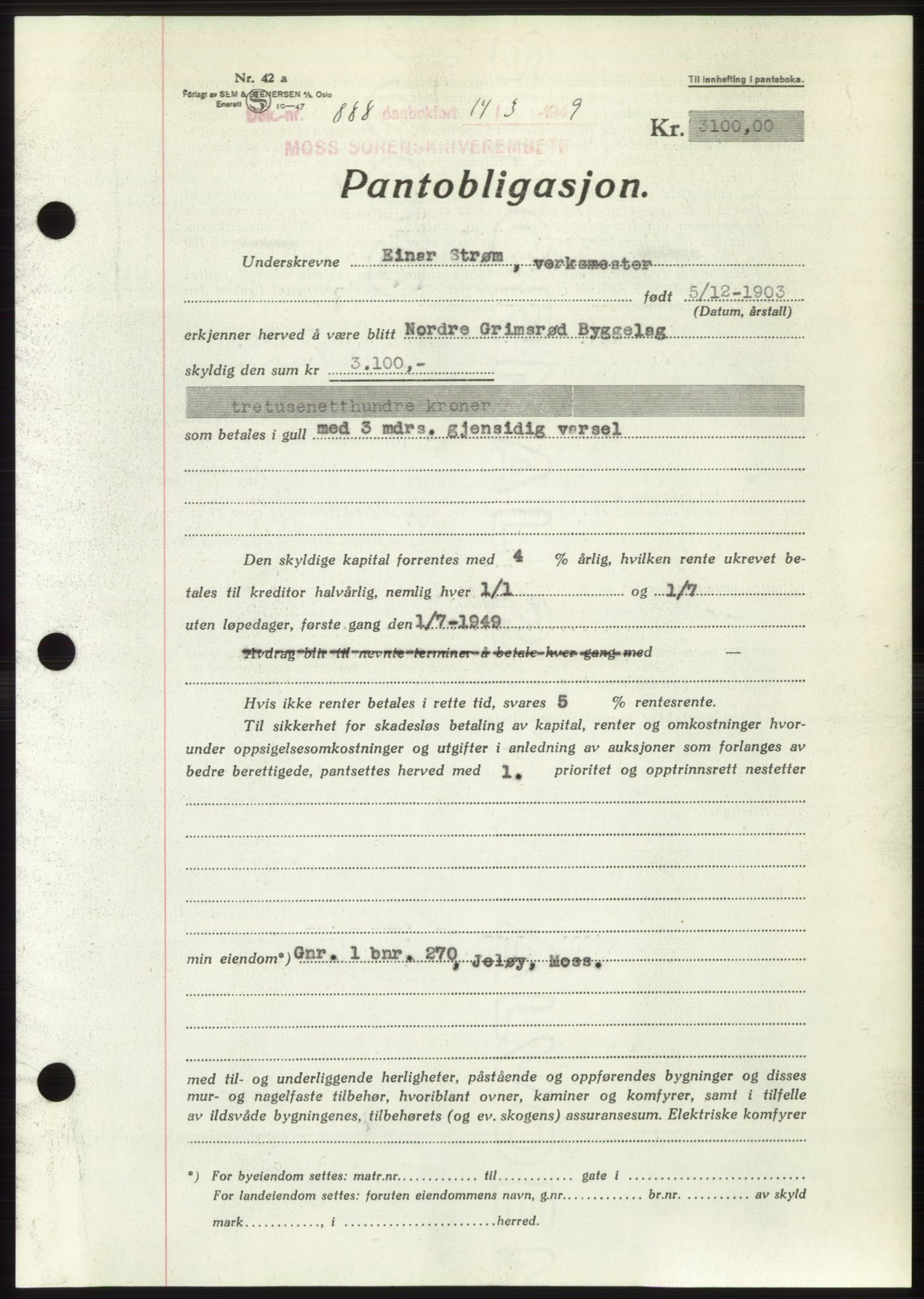Moss sorenskriveri, SAO/A-10168: Pantebok nr. B21, 1949-1949, Dagboknr: 888/1949