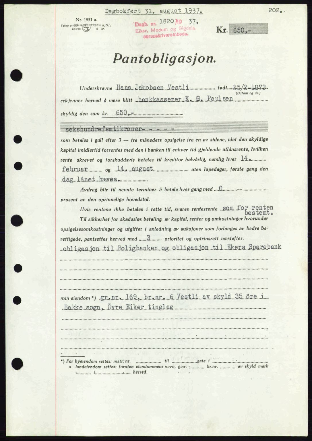 Eiker, Modum og Sigdal sorenskriveri, SAKO/A-123/G/Ga/Gab/L0036: Pantebok nr. A6, 1937-1937, Dagboknr: 1820/1937