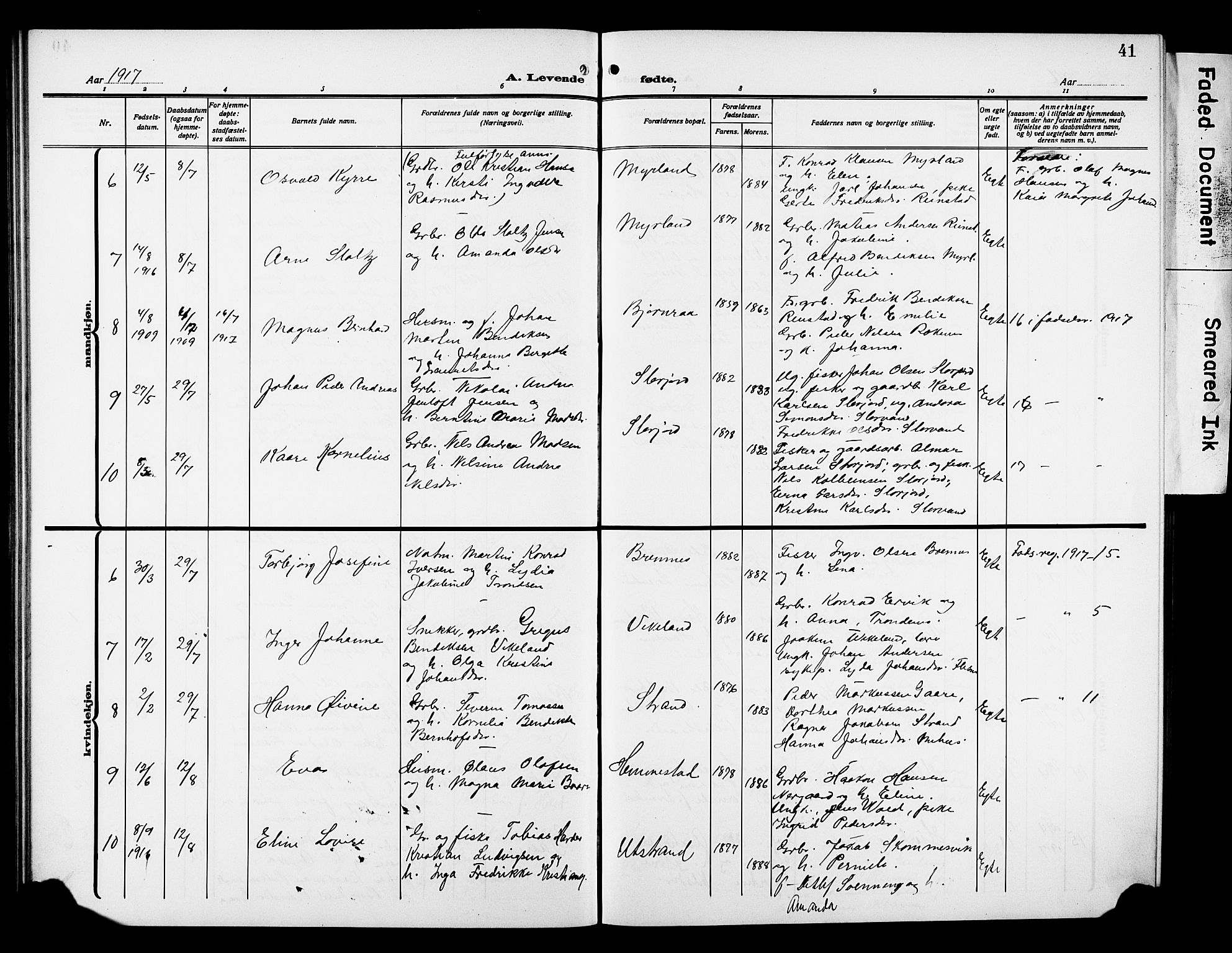 Kvæfjord sokneprestkontor, AV/SATØ-S-1323/G/Ga/Gab/L0006klokker: Klokkerbok nr. 6, 1912-1931, s. 41