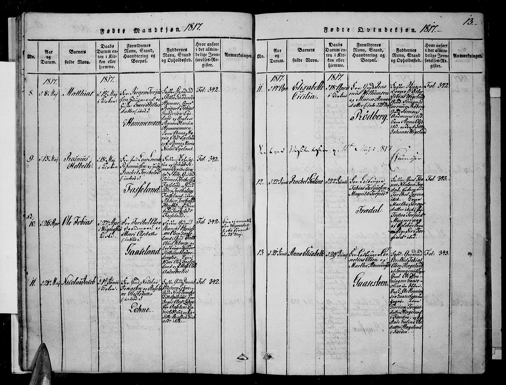 Sør-Audnedal sokneprestkontor, AV/SAK-1111-0039/F/Fa/Fab/L0005: Ministerialbok nr. A 5, 1816-1830, s. 13